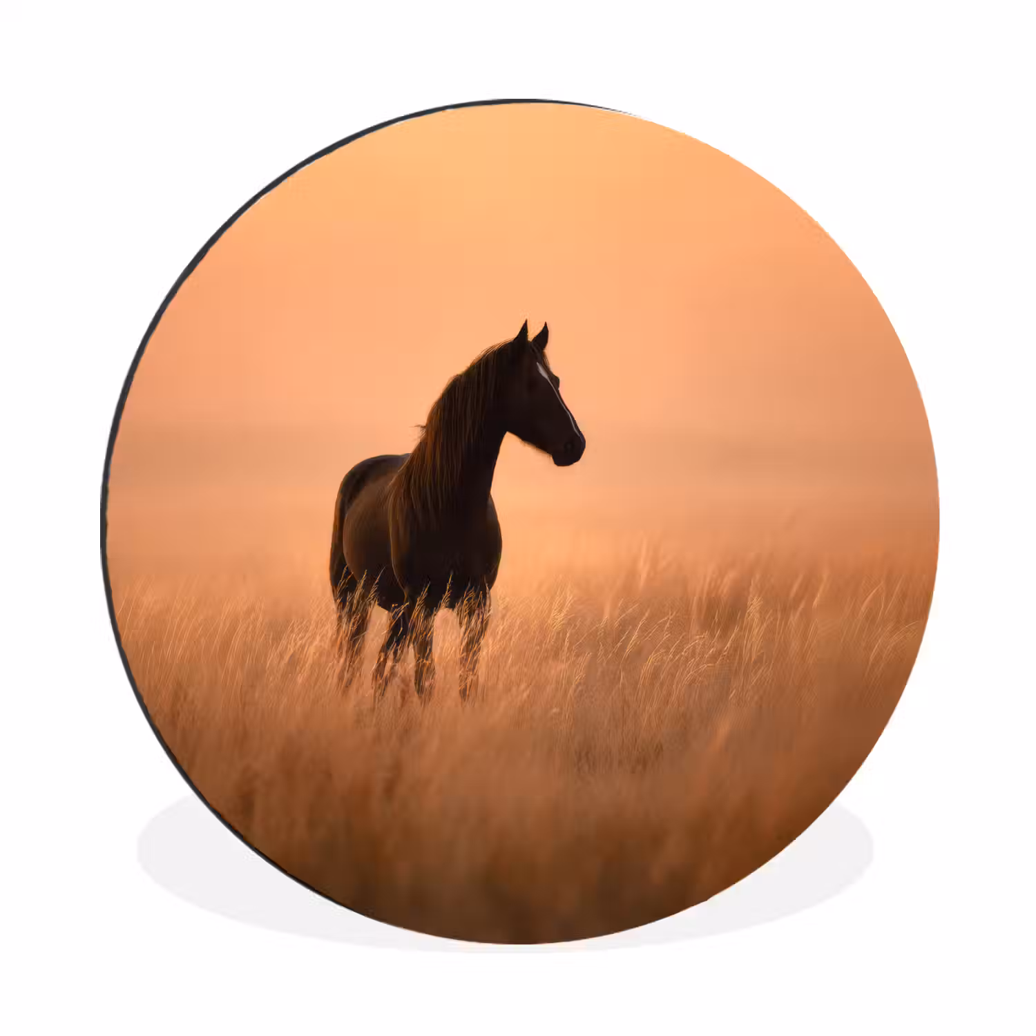Paard - Grasveld - Zonsondergang Wandcirkel aluminium klein -3d