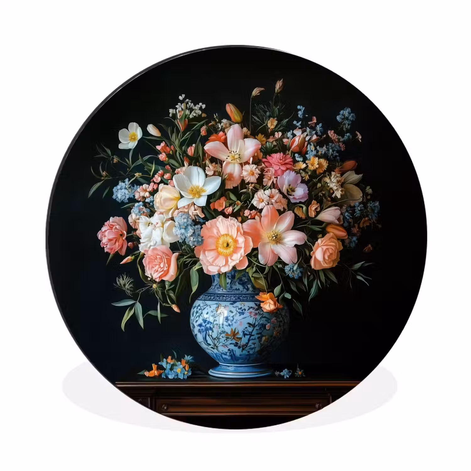 Roze - Bloemen - Vaas - Kleuren Wandcirkel aluminium klein -3d