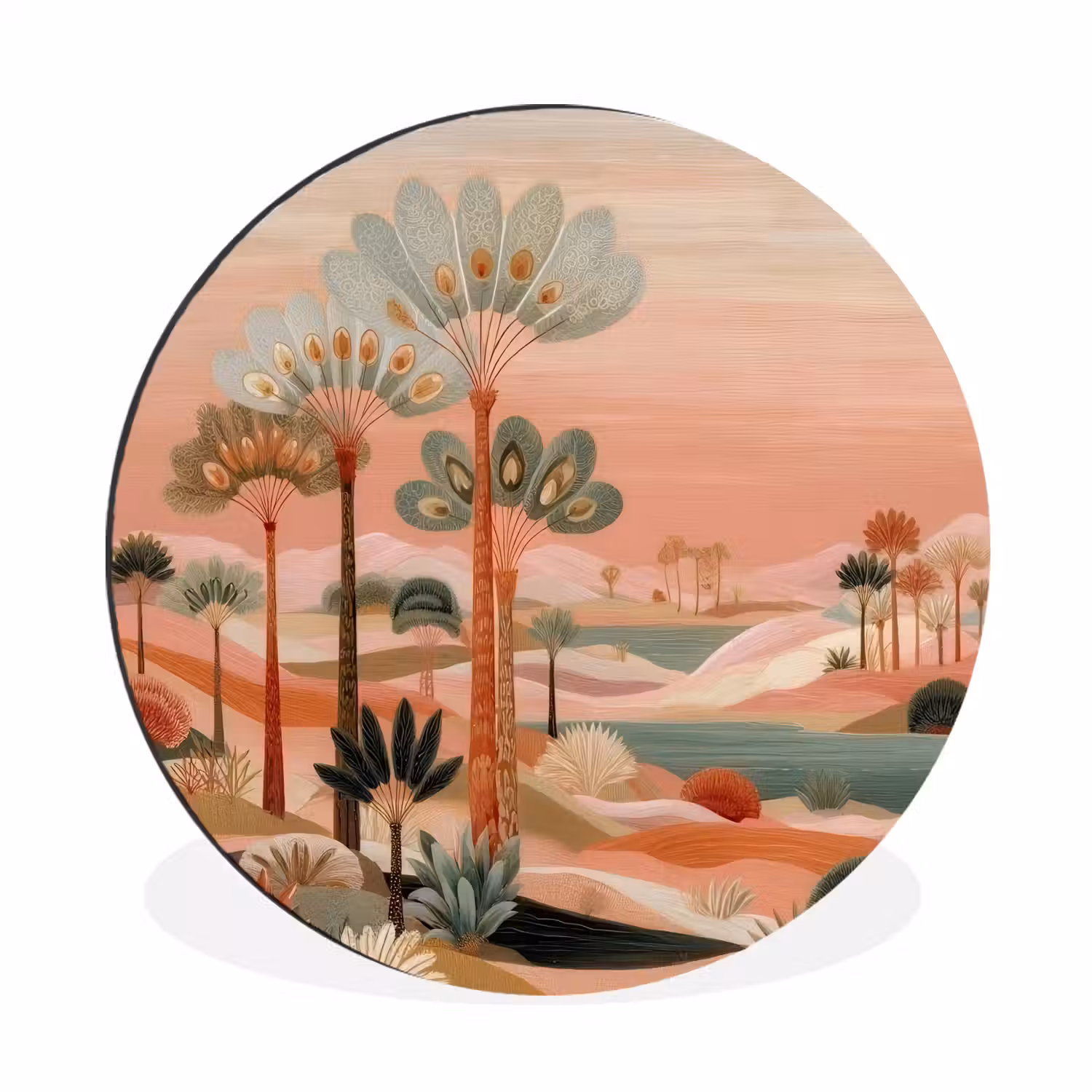Roze landschap - Palmen - Water Wandcirkel aluminium klein -3d