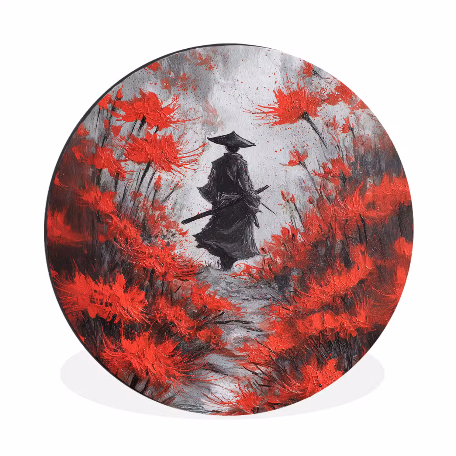 Rode bloemen - mistig - Man Wandcirkel aluminium klein -3d