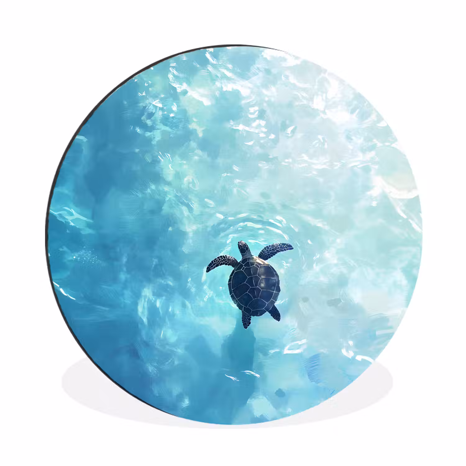Schildpad - Zee - Blauw - Schittering Wandcirkel aluminium klein -3d