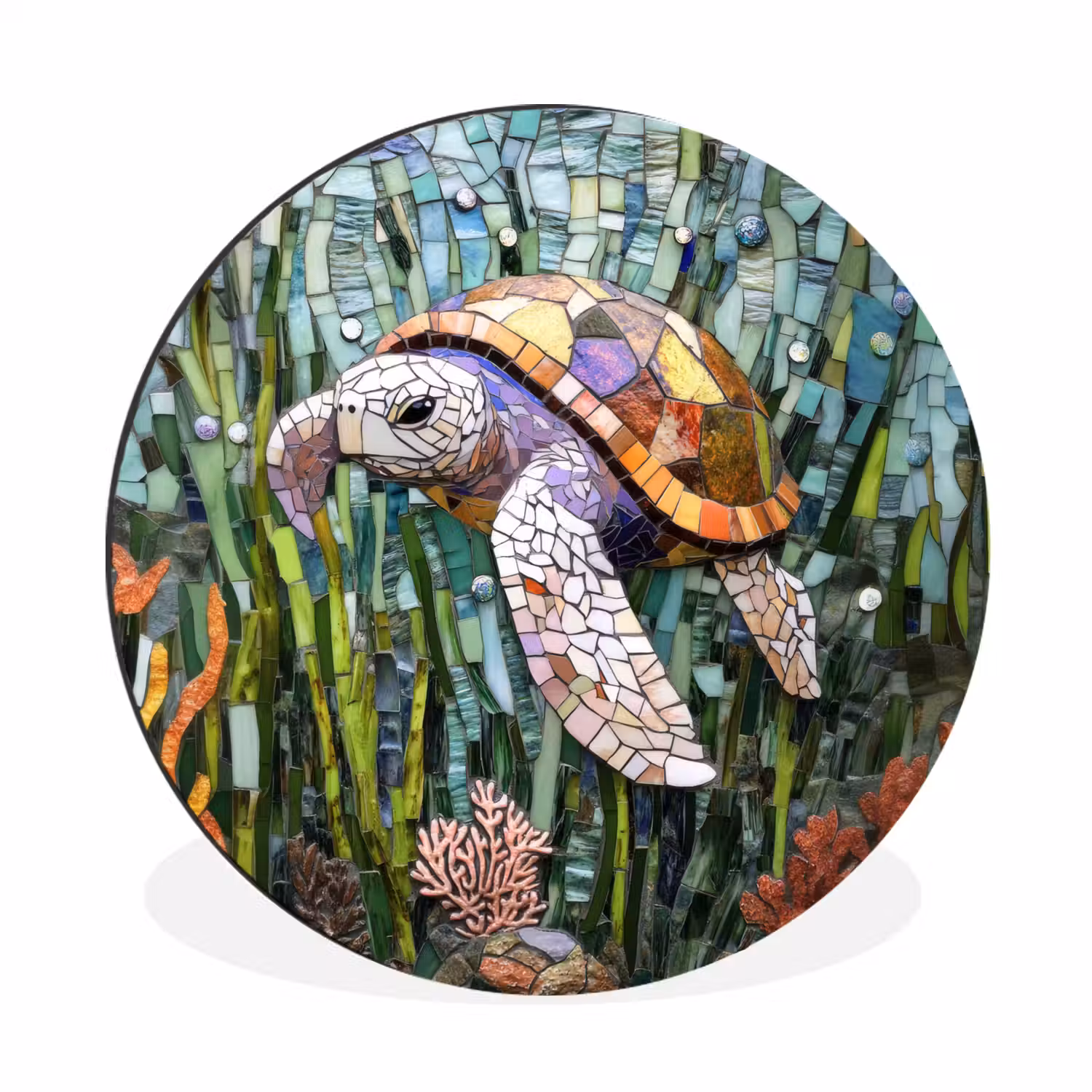 Schildpad - Zeewier - Mozaïek Wandcirkel aluminium klein -3d