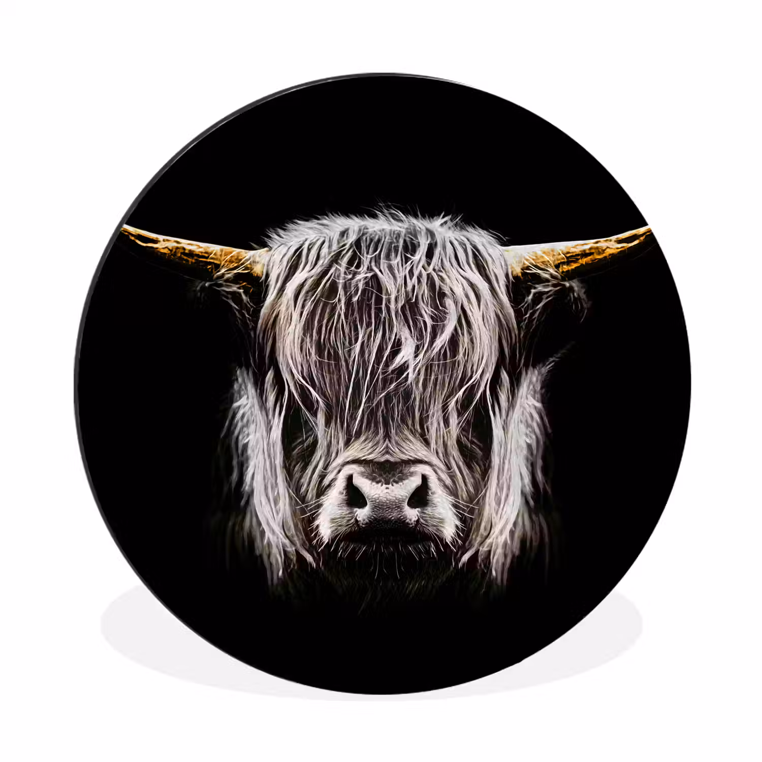 Schotse hooglander - Goud - Hoorns - Zwart wit - Koe - Dieren Wandcirkel aluminium klein -3d