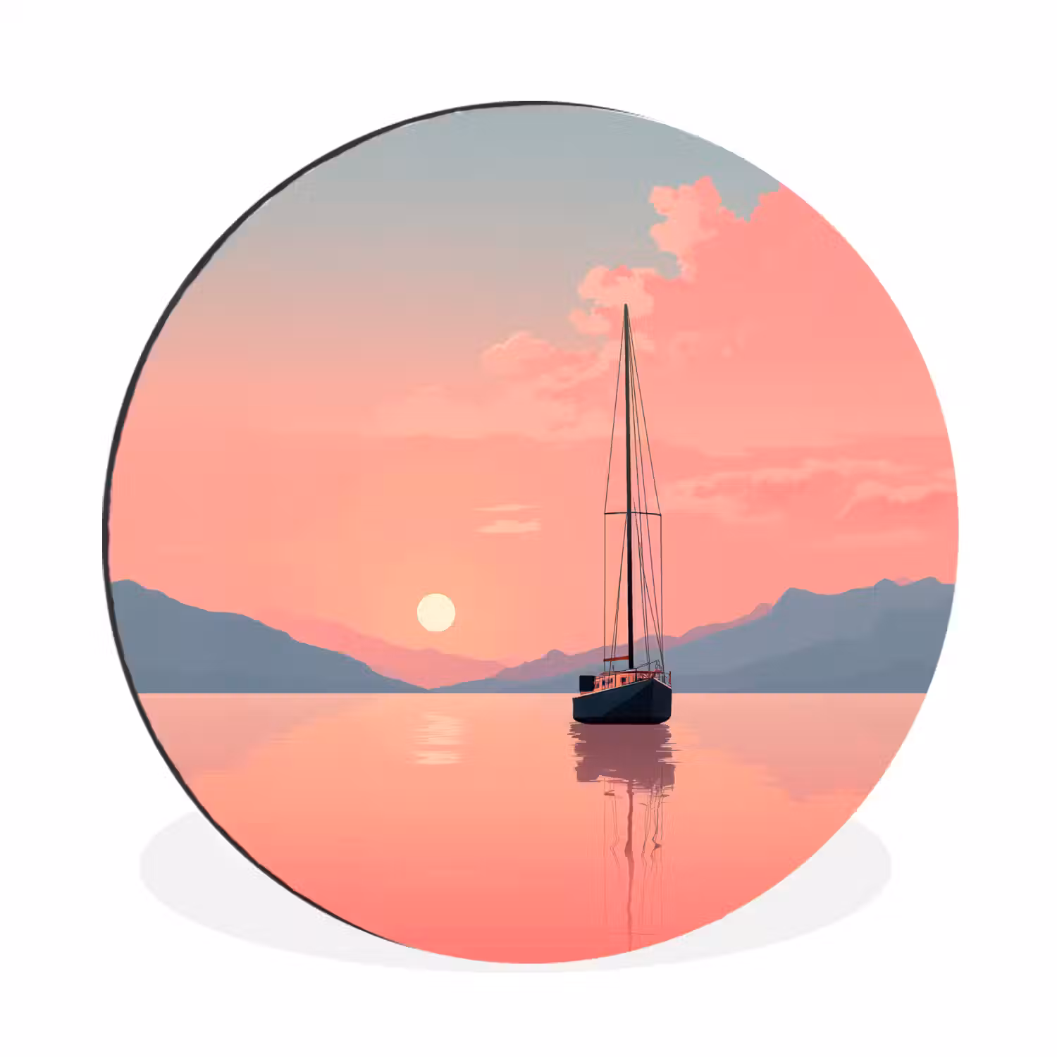 Zeilboot - Roze zee - Zonsondergang - Bergen Wandcirkel aluminium klein -3d