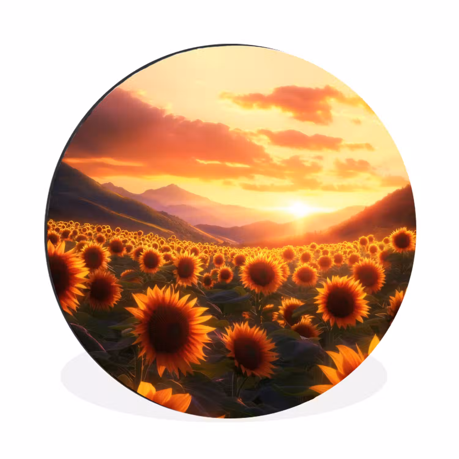 Zonnebloemen - Zonsondergang - Landschap Wandcirkel aluminium klein -3d