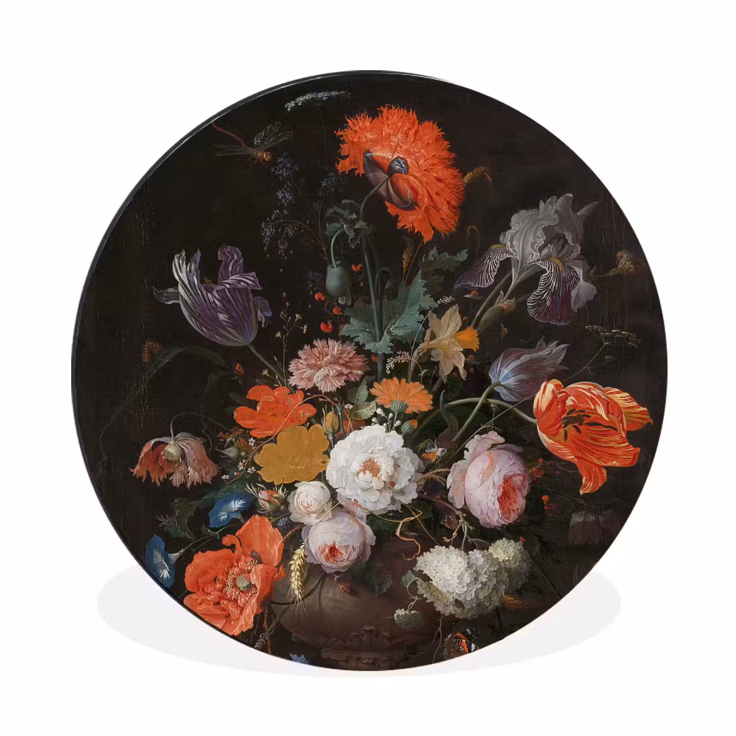 Stilleven met bloemen en een horloge - Schilderij van Abraham Mignon Wandcirkel aluminium klein -3d
