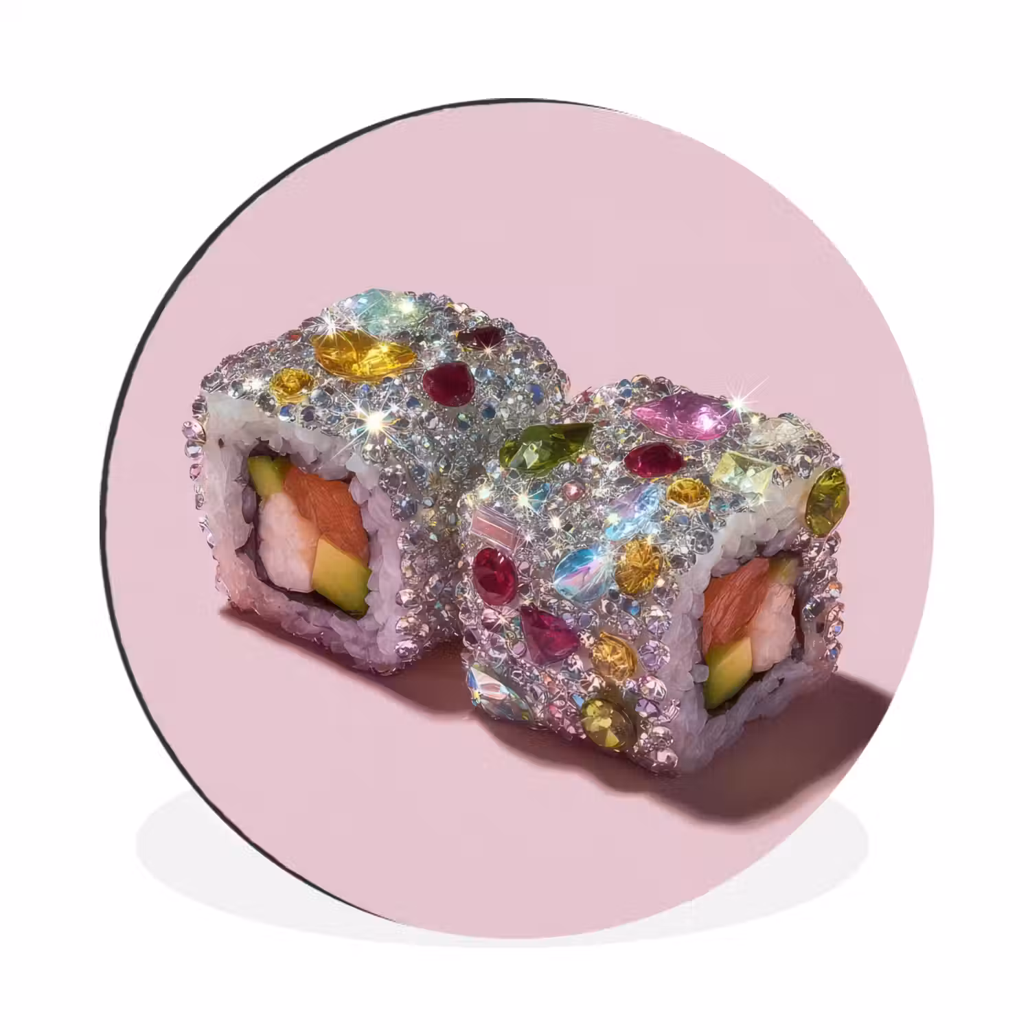 Sushi - Rolletjes - Steentjes - Kleurrijk Wandcirkel aluminium klein -3d