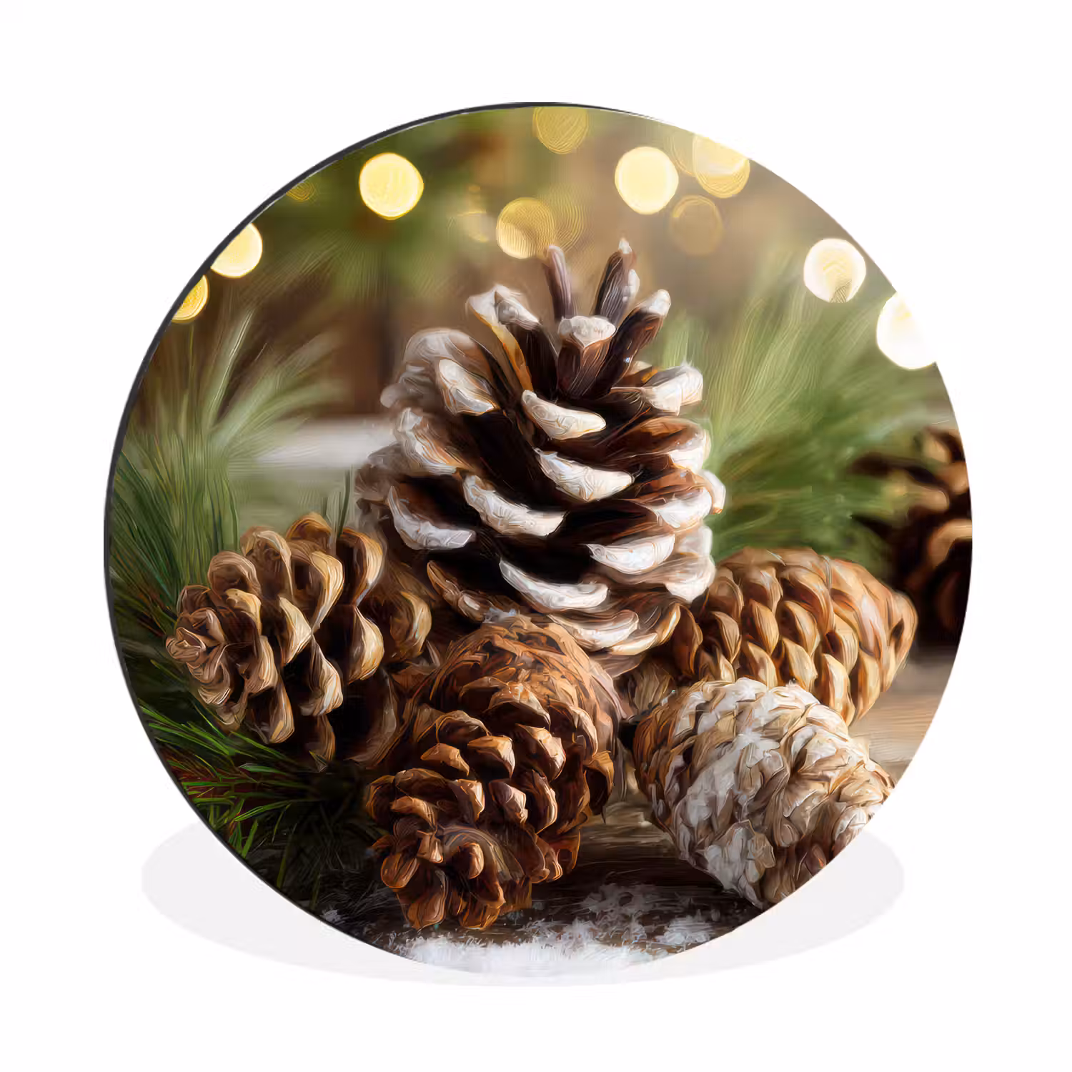 Dennenappels - Kerstsfeer - Bruin - Groen Wandcirkel aluminium klein -3d