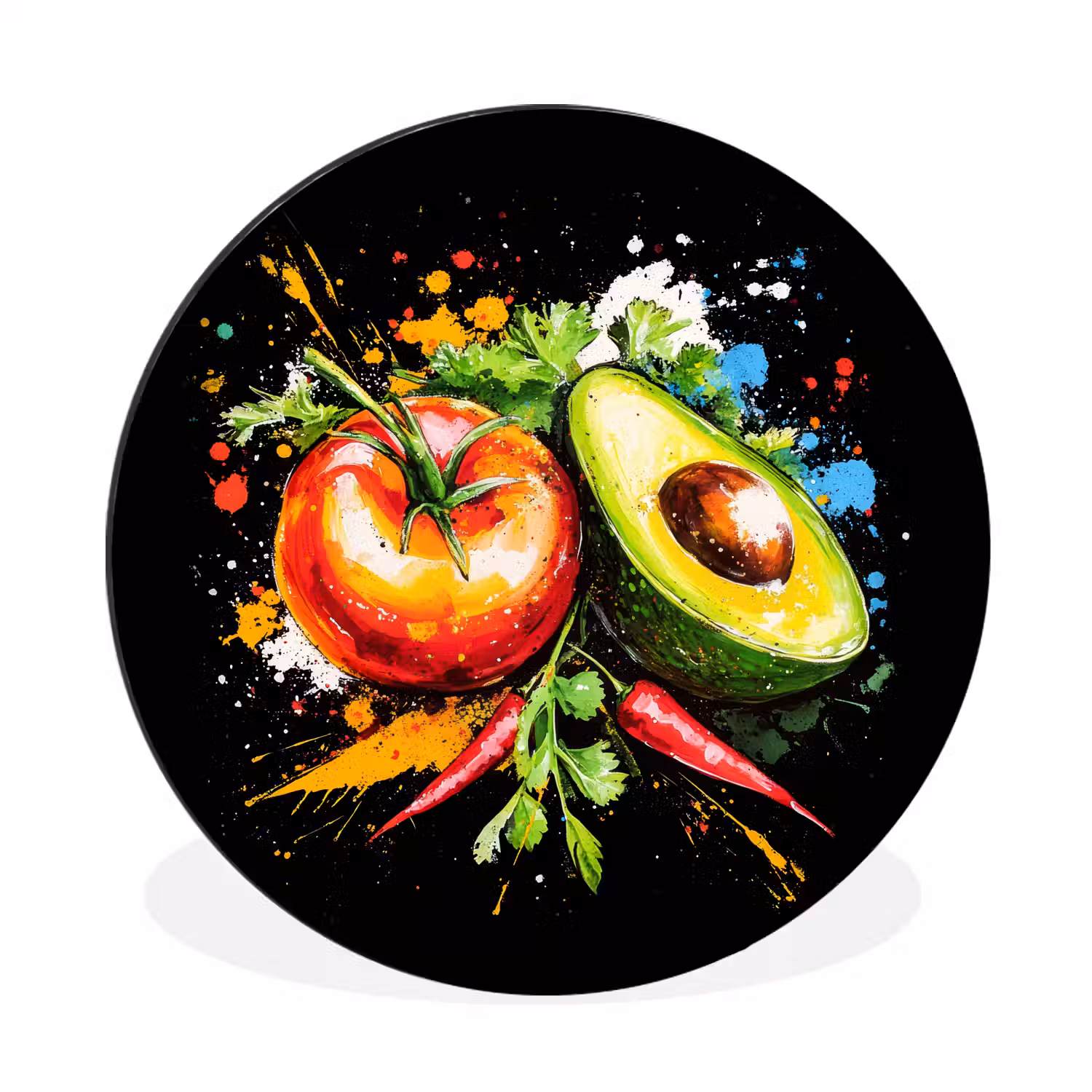 Tomaat - Avocado - Peper - Graffiti - Verf - Modern Wandcirkel aluminium klein -3d