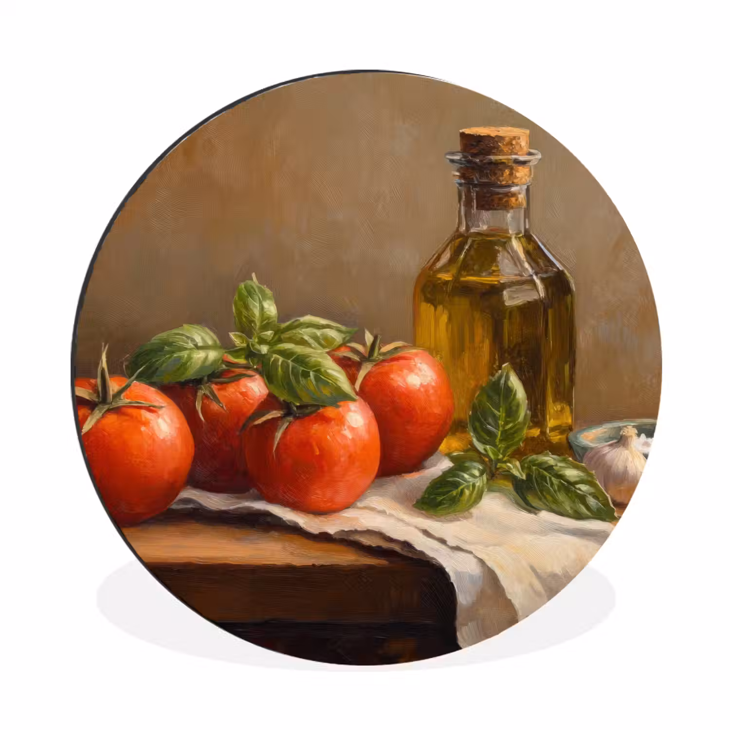 Tomaten - Olijfolie - Stilleven Wandcirkel aluminium klein -3d