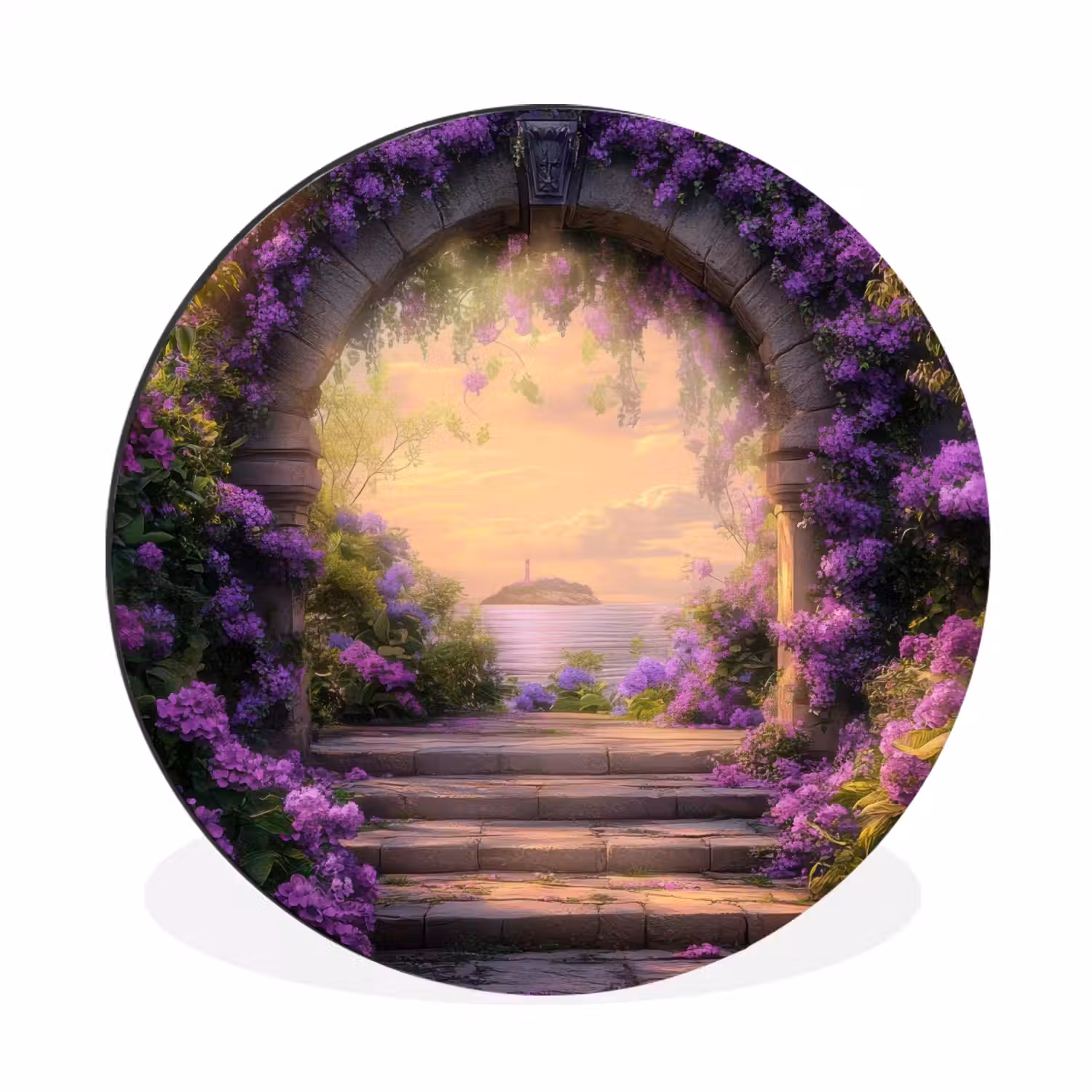 Poort - Paars - Bloemen Wandcirkel aluminium klein -3d