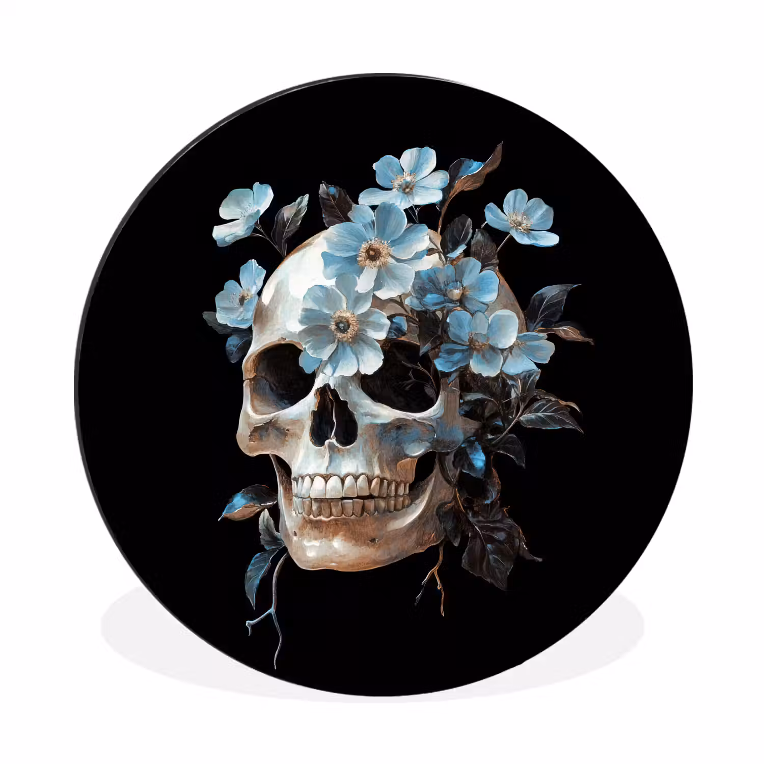 Schedel - Blauw - Bloemen - Bladeren Wandcirkel aluminium klein -3d