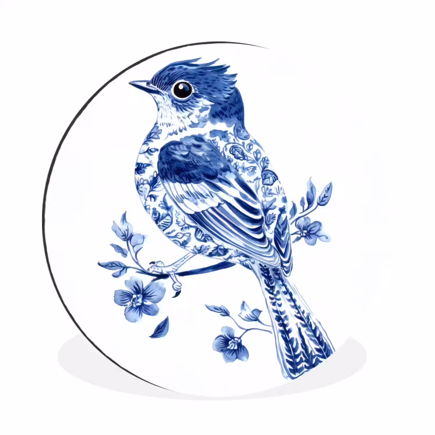 Vogel - Delfts blauw - Illustratie - Bloemen Wandcirkel aluminium klein -3d