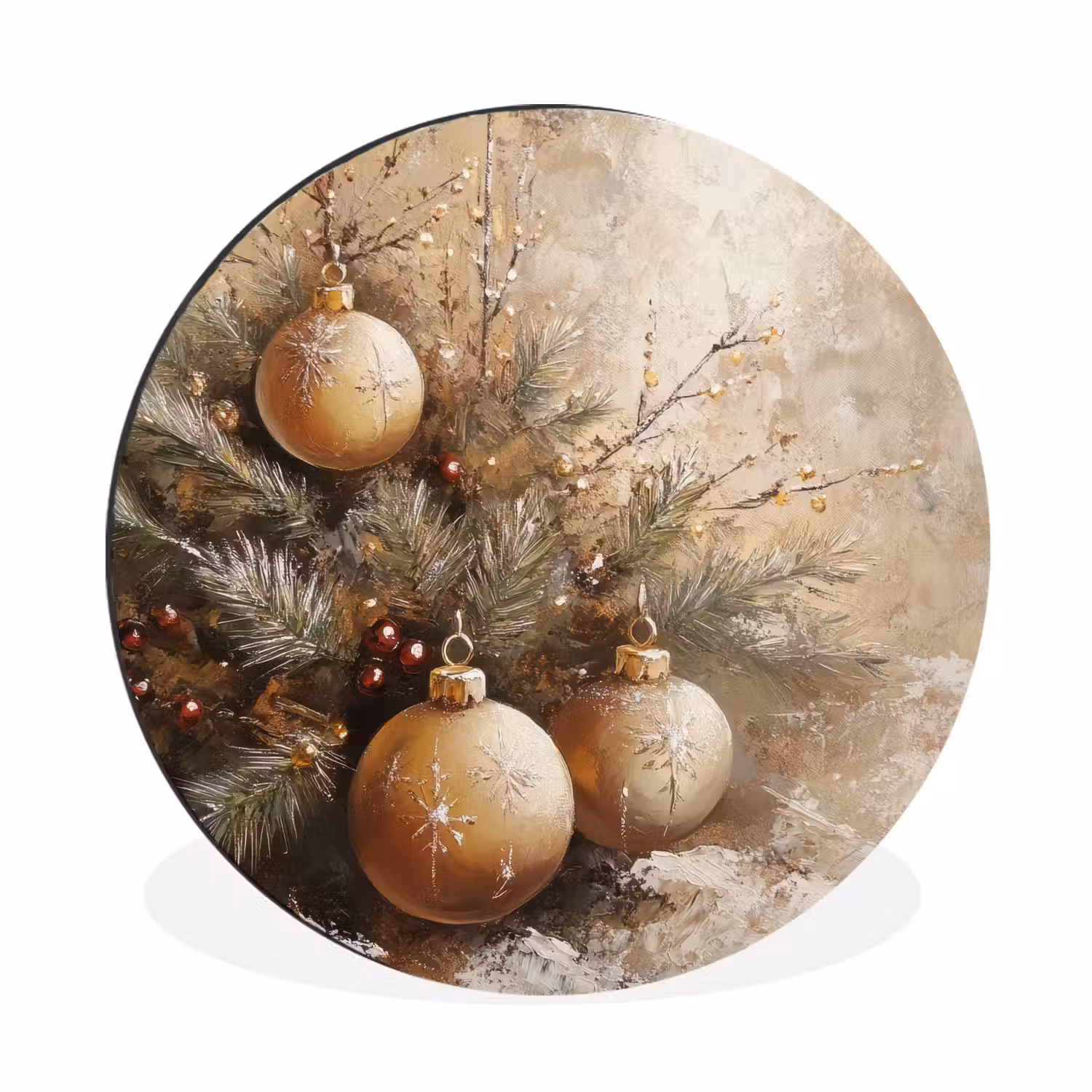 Kerst - Kerstballen - Beige - Goud Wandcirkel aluminium klein -3d