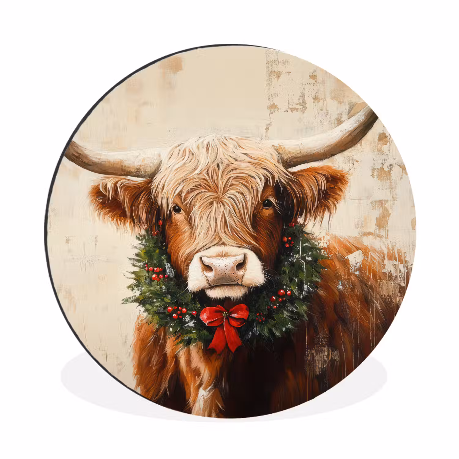Kerst - Schotse Hooglander - Bruin - Krans Wandcirkel aluminium klein -3d