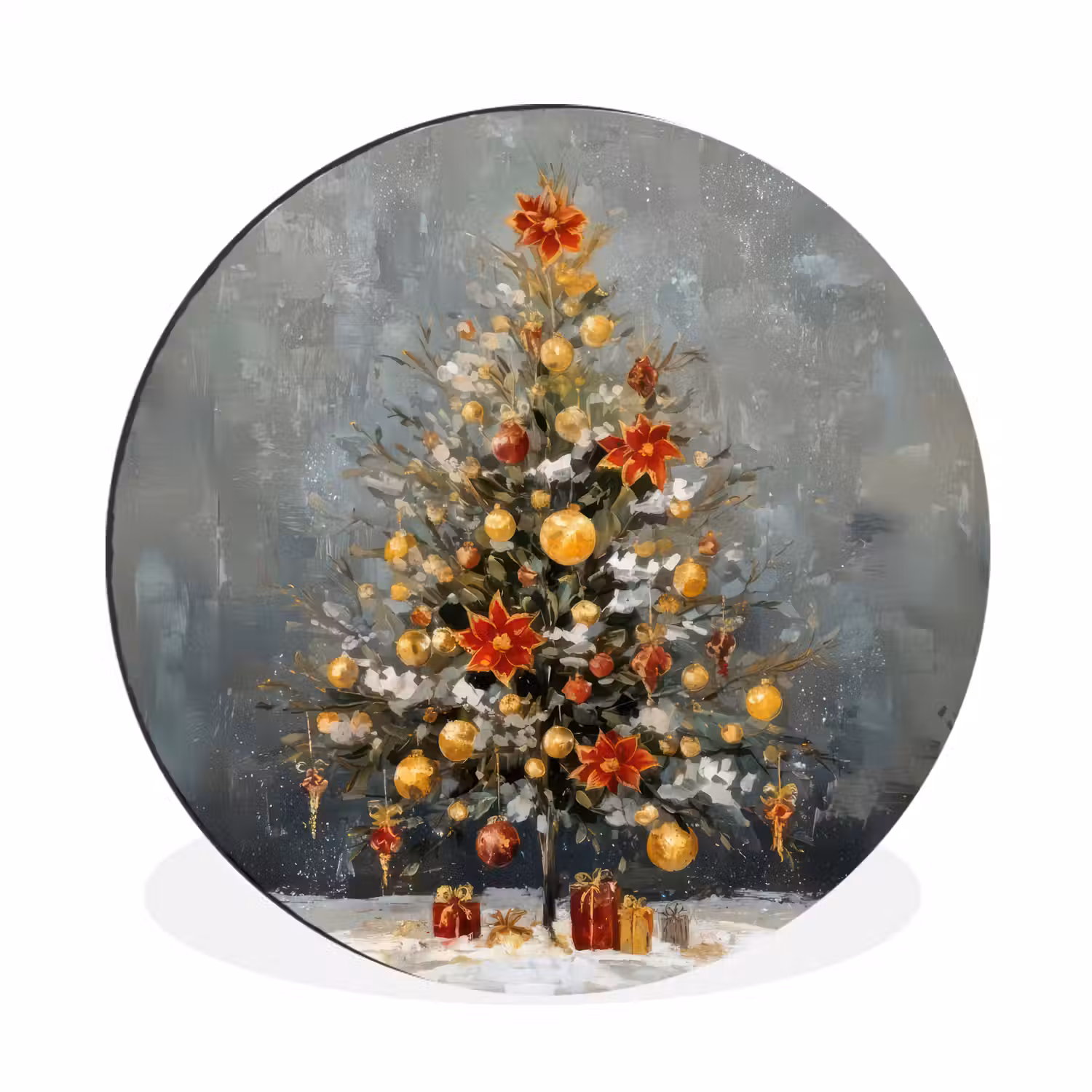 Kerstboom - Cadeaus - Rood - Goud Wandcirkel aluminium klein -3d