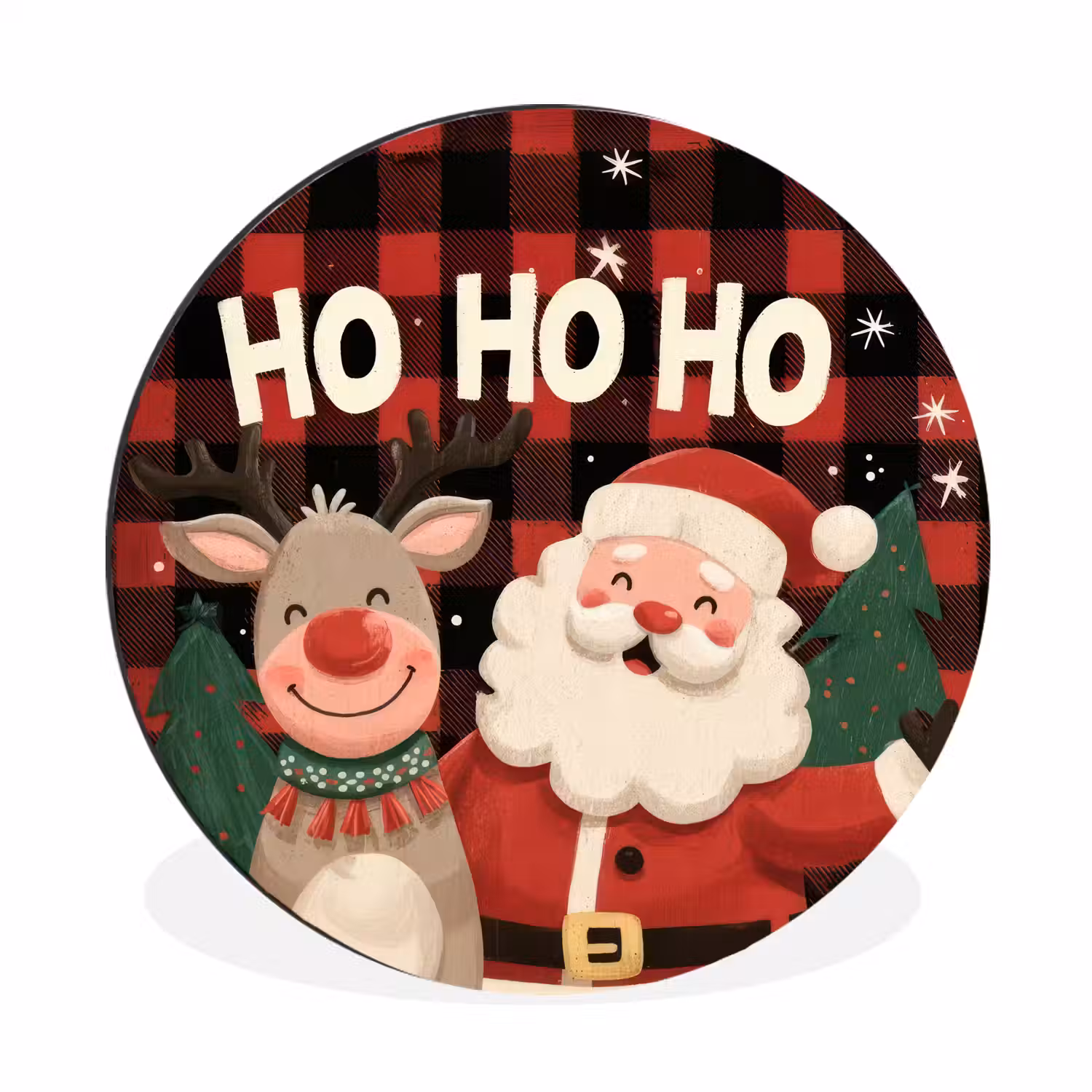 Kerstman - Rendier - Tekst - Rood - Zwart Wandcirkel aluminium klein -3d
