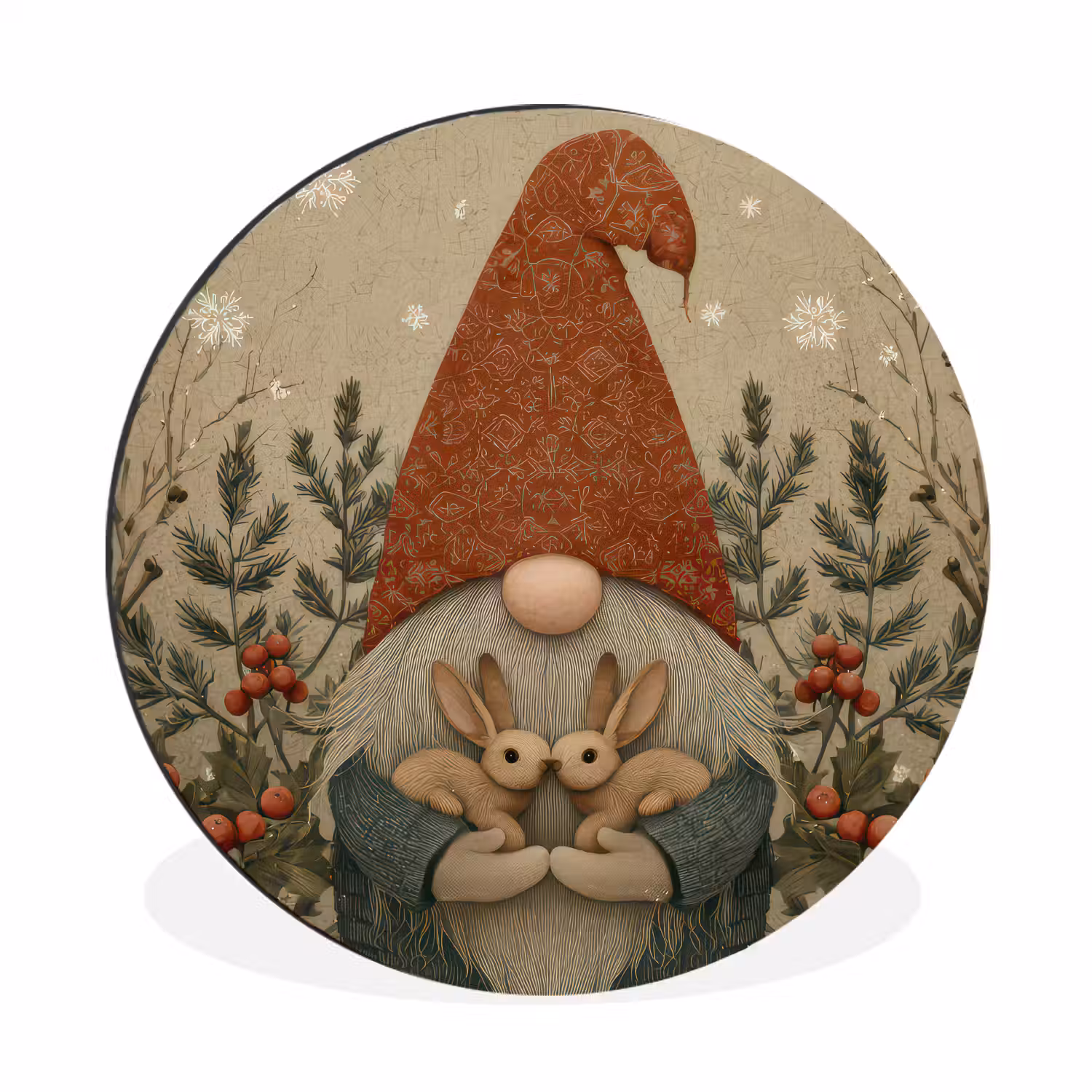 Kerstgnome - Konijntjes - Kleurrijk Wandcirkel aluminium klein -3d