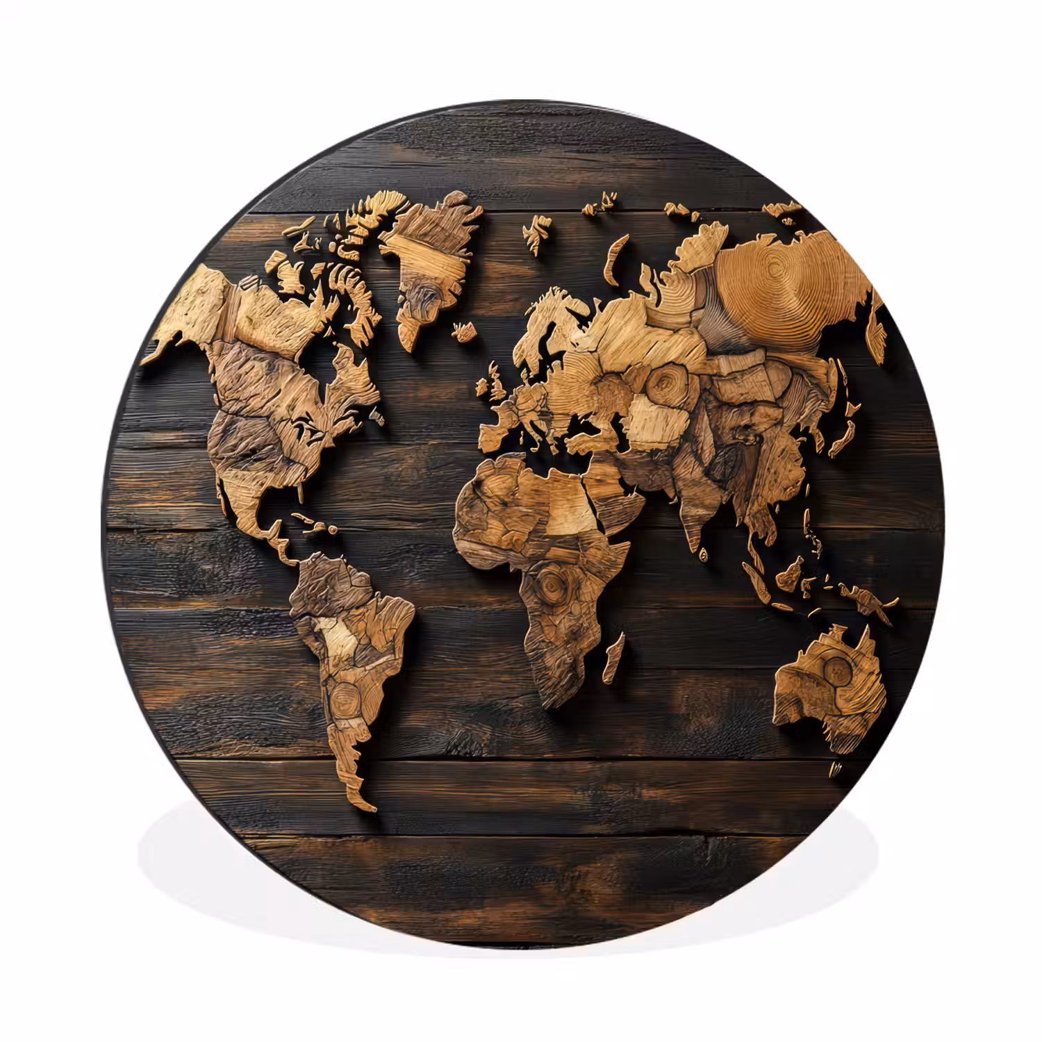 Wereldkaart - Hout - Mozaïek Wandcirkel aluminium klein -3d