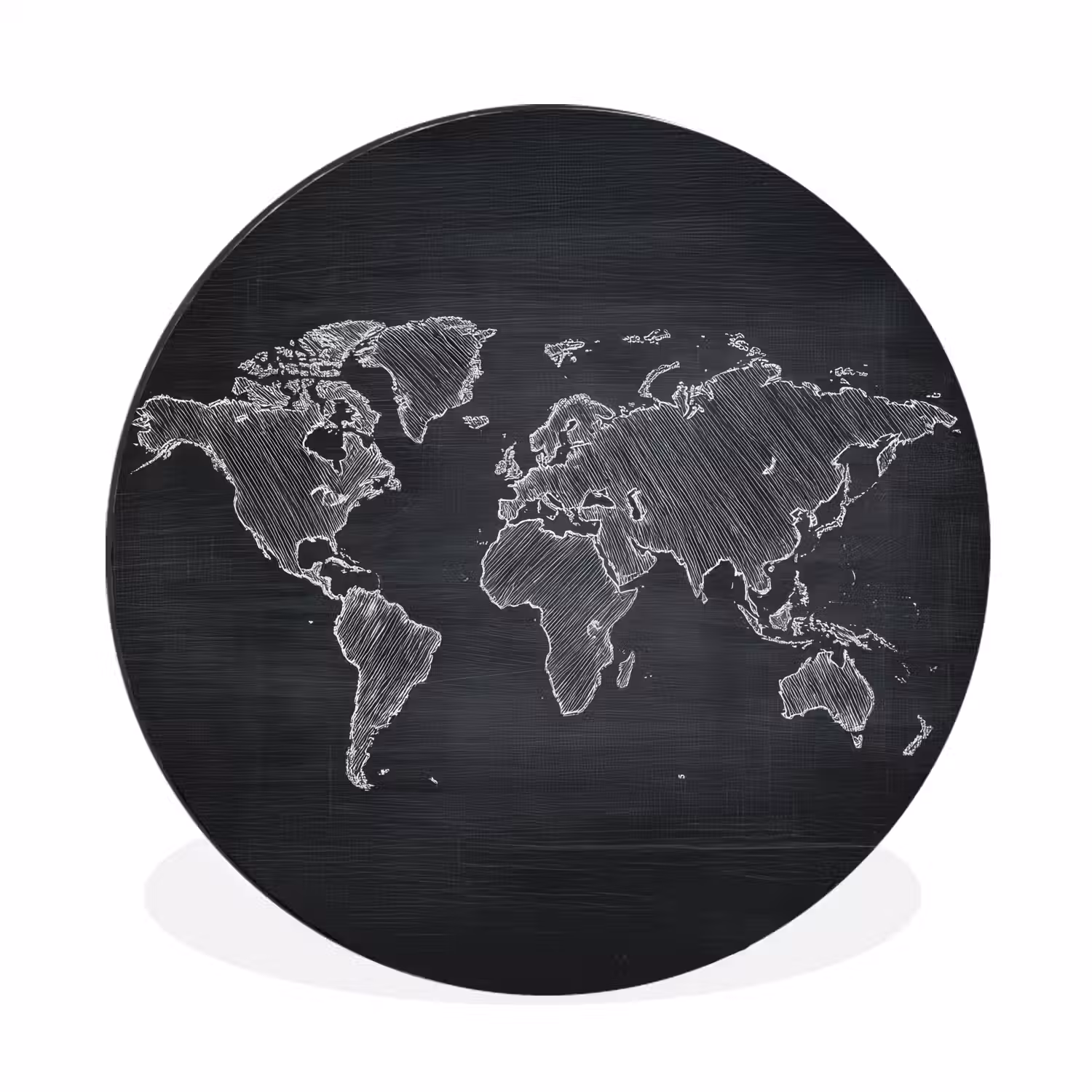 Wereldkaart - Krijt - Zwart - minimalistisch Wandcirkel aluminium klein -3d
