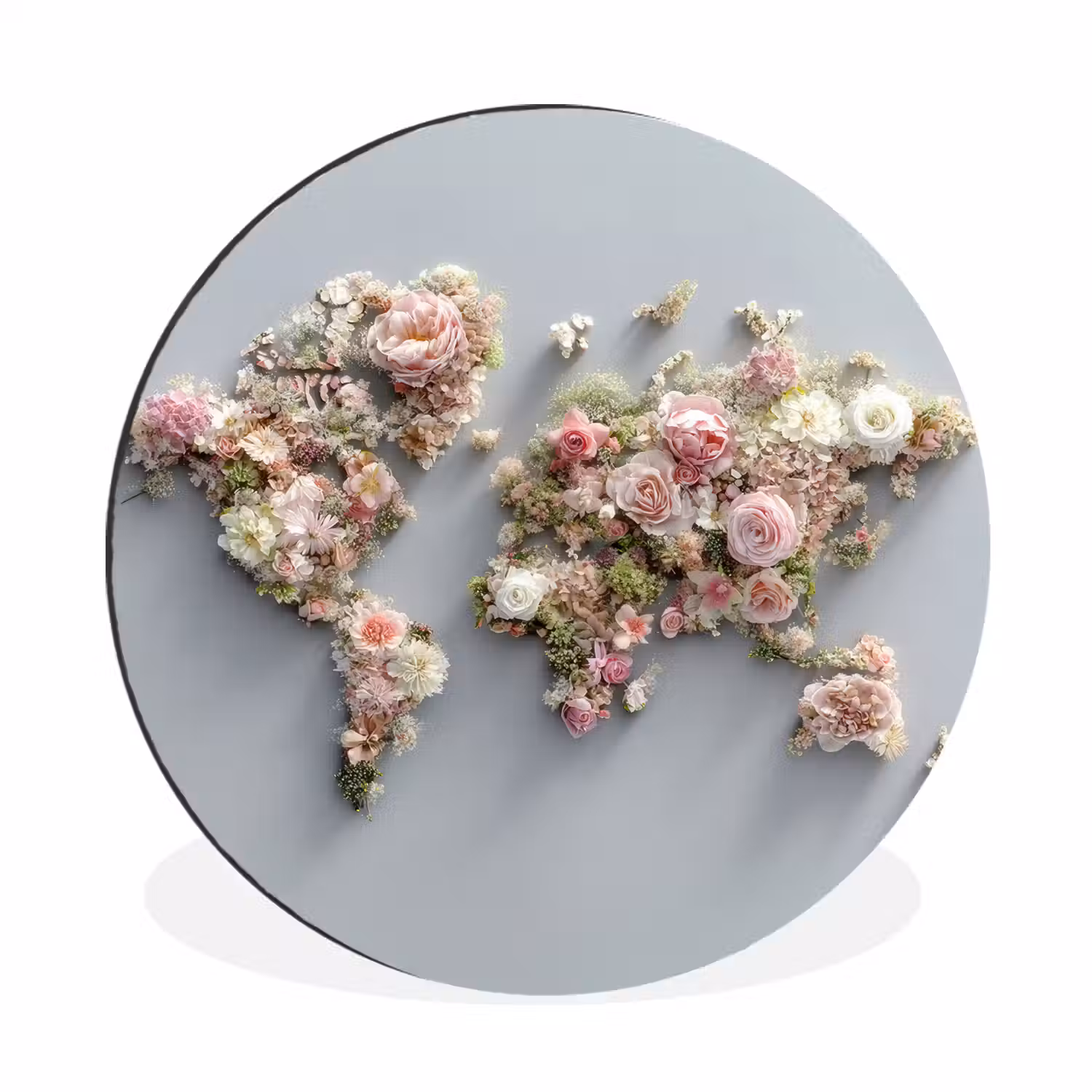 Wereldkaart - Rozen - Roze Wandcirkel aluminium klein -3d