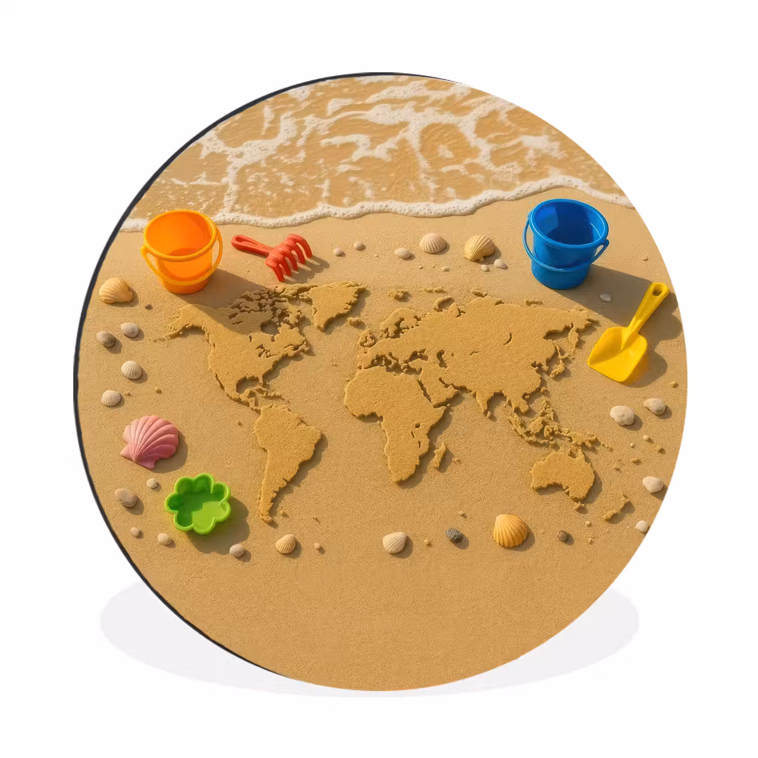 Wereldkaart - Zand - Kleurrijk - Zomer Wandcirkel aluminium klein -3d