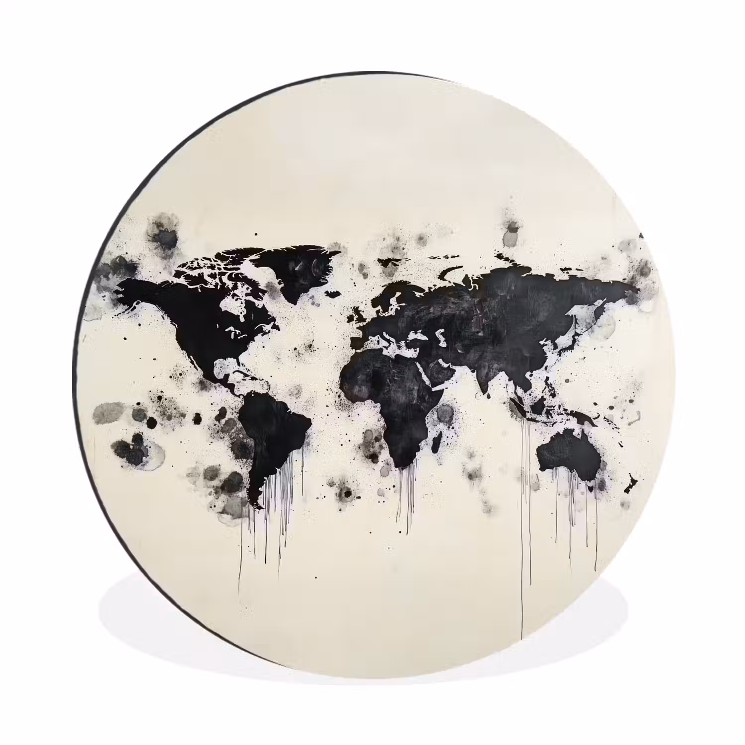Wereldkaart - Zwart - Inkt Wandcirkel aluminium klein -3d