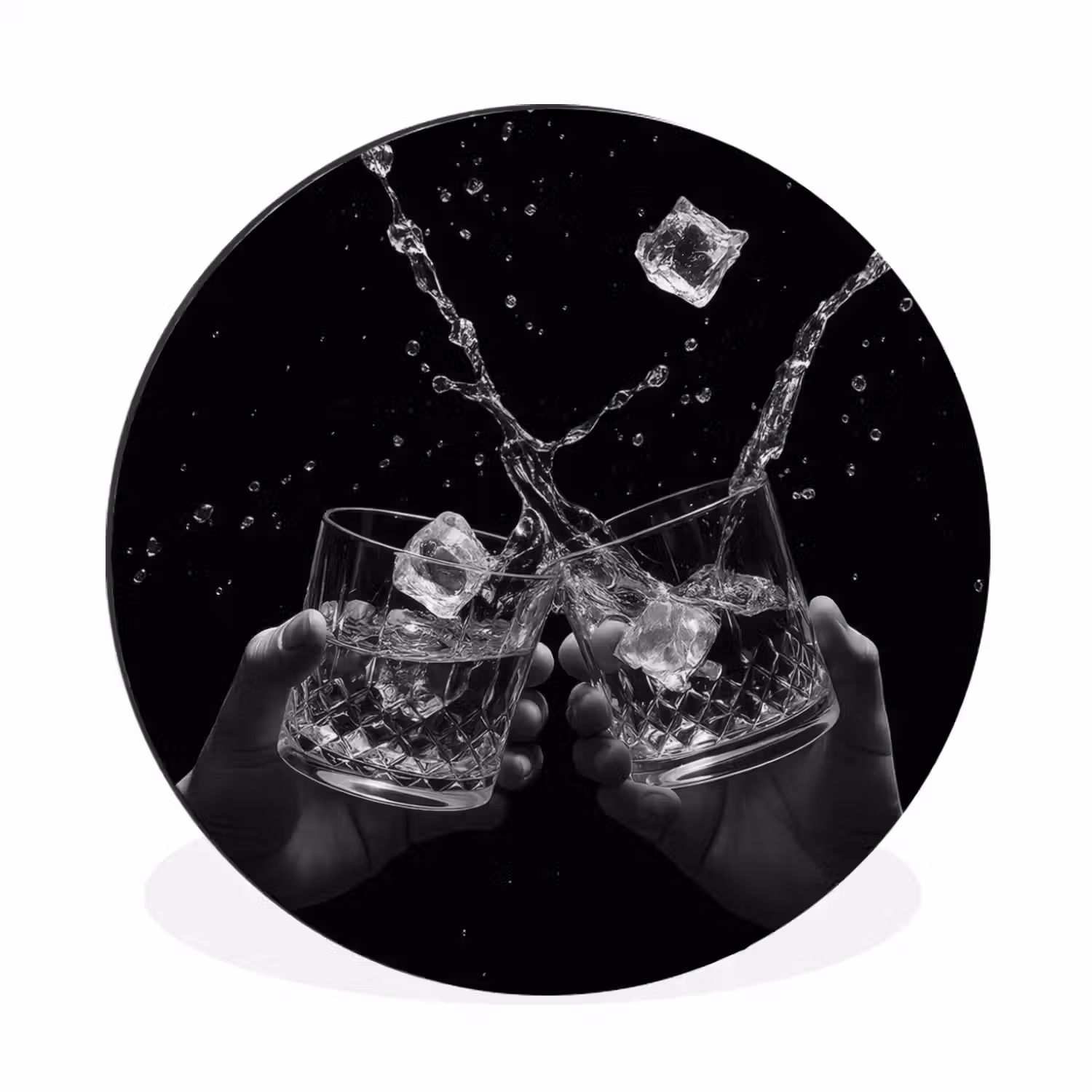 Whiskyglazen - Ijs - Spetters - Zwart Wandcirkel aluminium klein -3d