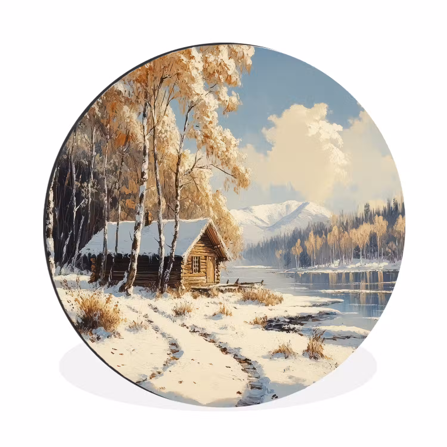 Winter - Sneeuw - Huis - Natuur Wandcirkel aluminium klein -3d