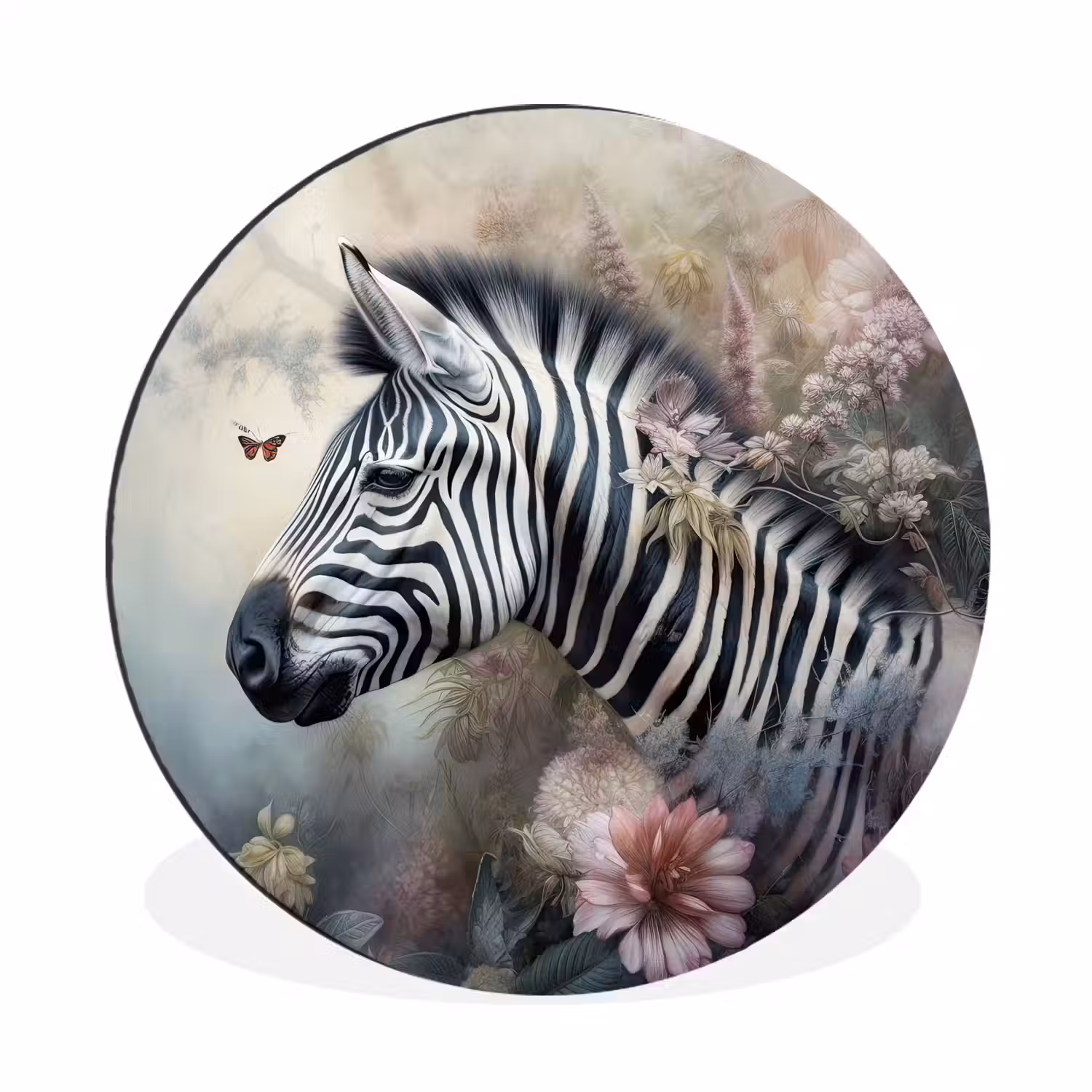 Zebra - Wilde dieren - Vlinder - Bloemen Wandcirkel aluminium klein -3d