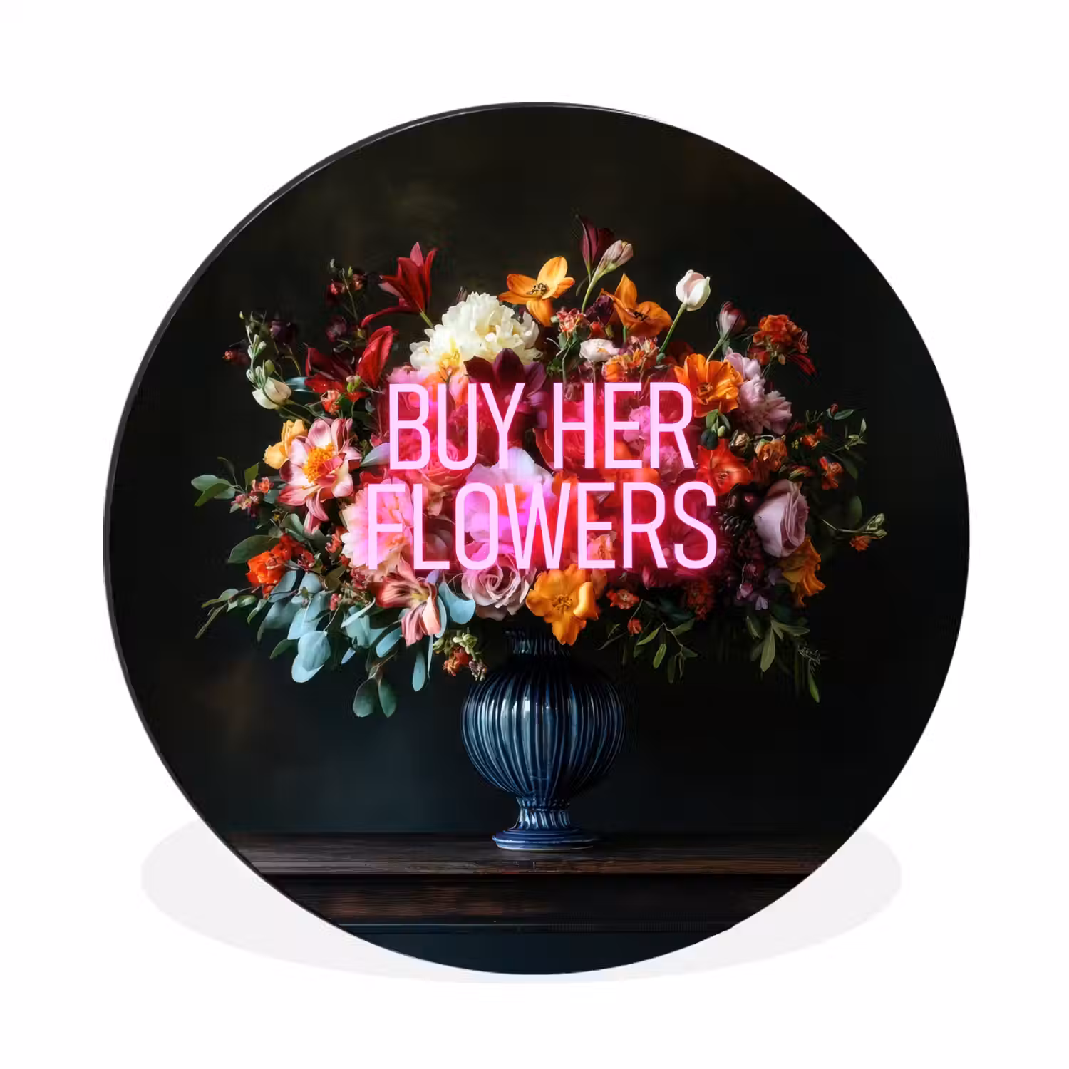 Quote - Bloemen - Vaas - Neon Wandcirkel aluminium klein -3d