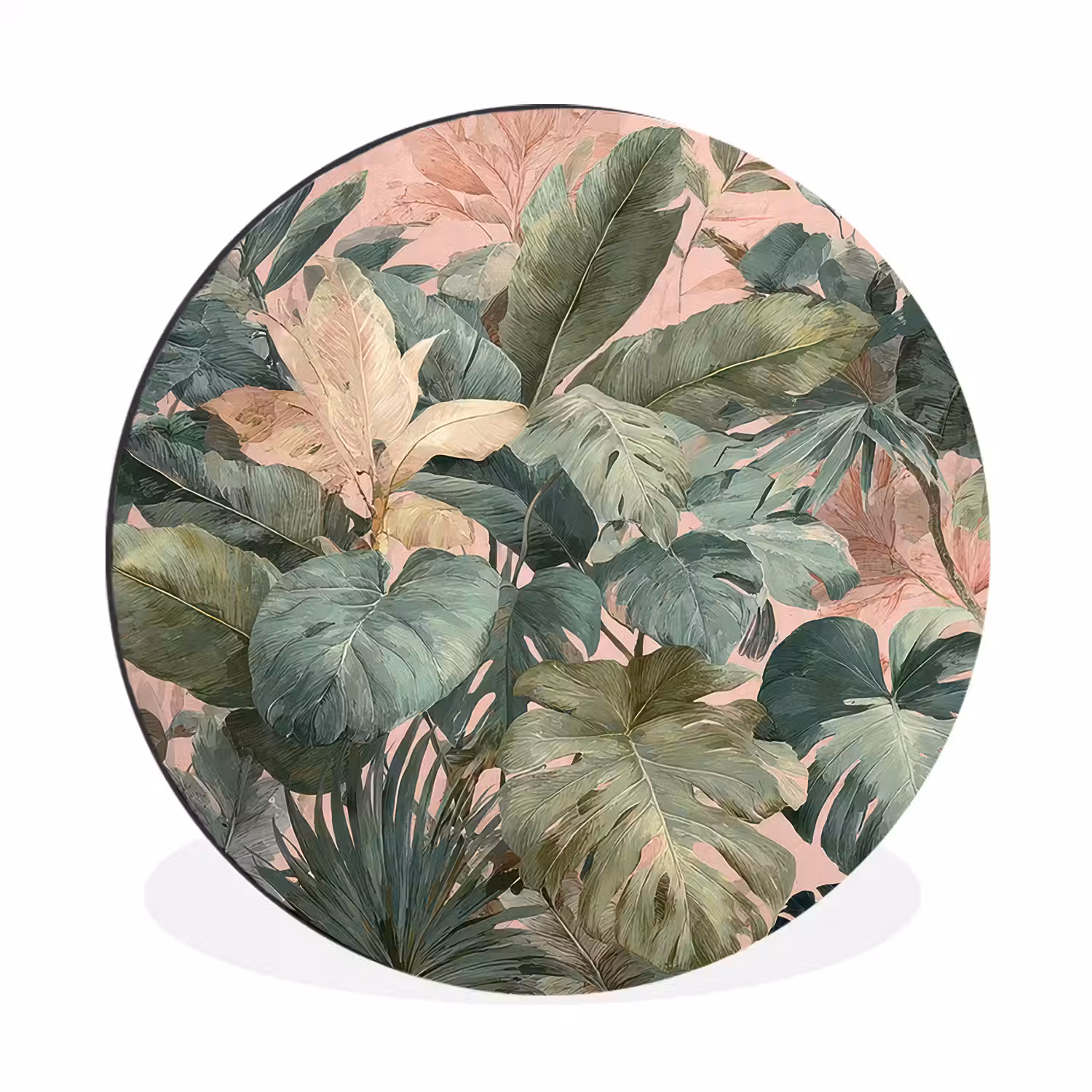 Compositie van bladeren - Groen - Roze Wandcirkel aluminium klein -3d