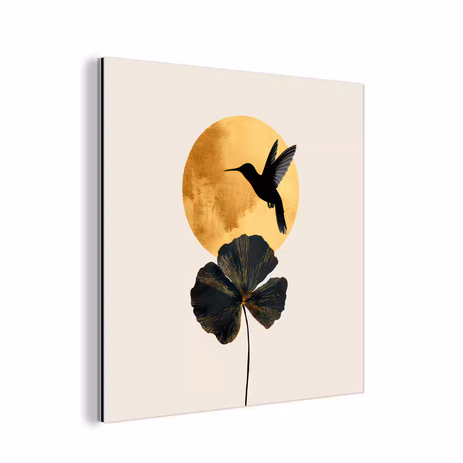 Zwarte kolibrie - Bloem - Gouden cirkel aluminium wit klein -3d