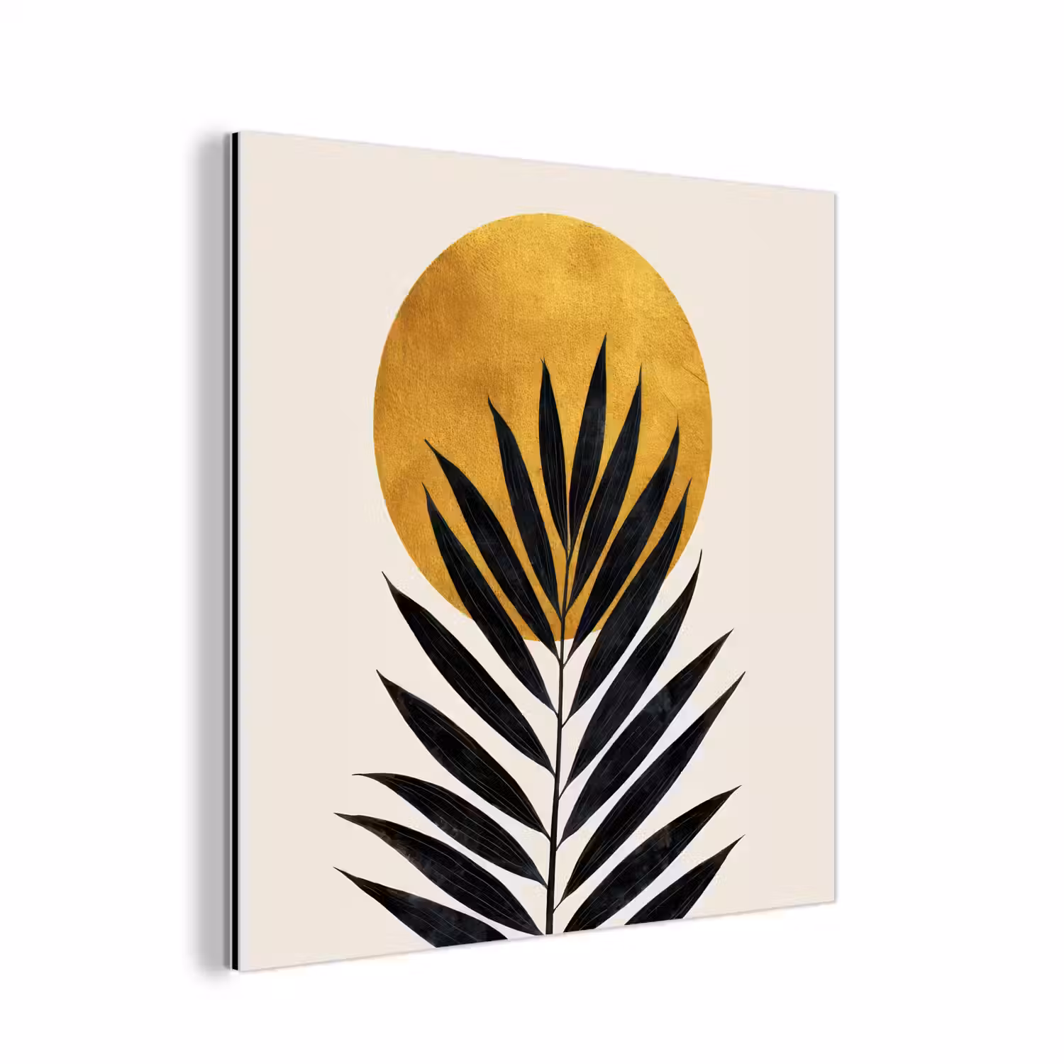 Zwart palmblad - Gouden cirkel - Beige achtergrond aluminium wit klein -3d