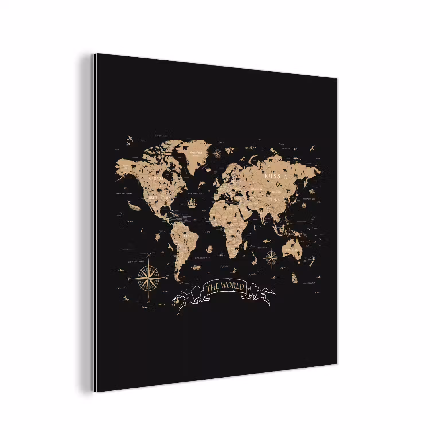 Wereldkaart - Beige - Zwart aluminium wit klein -3d