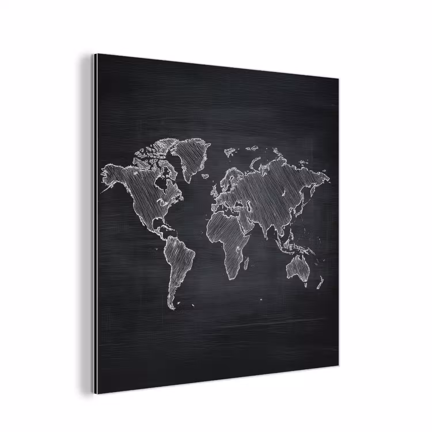 Wereldkaart - Krijt - Zwart - minimalistisch aluminium wit klein -3d