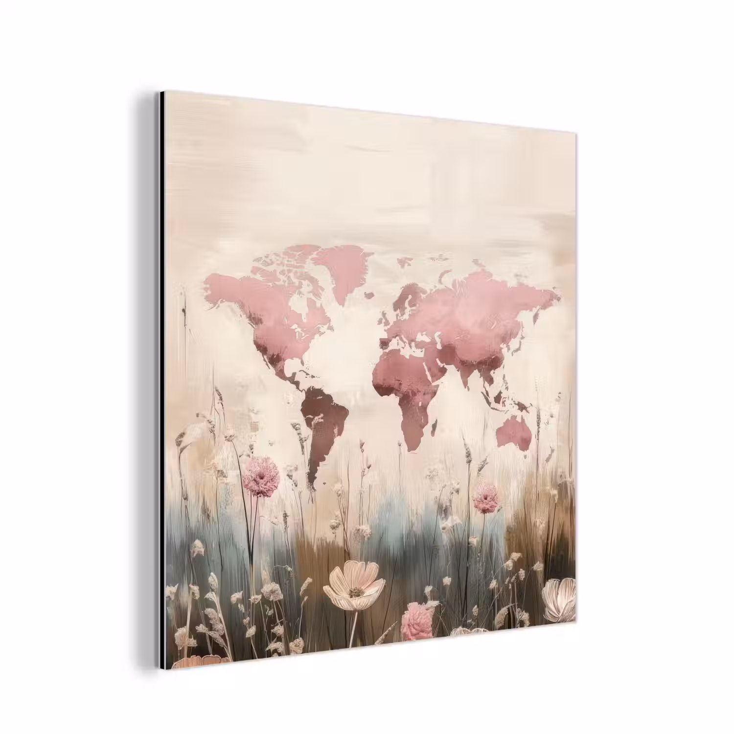 Wereldkaart - Roze - Bloemen aluminium wit klein -3d