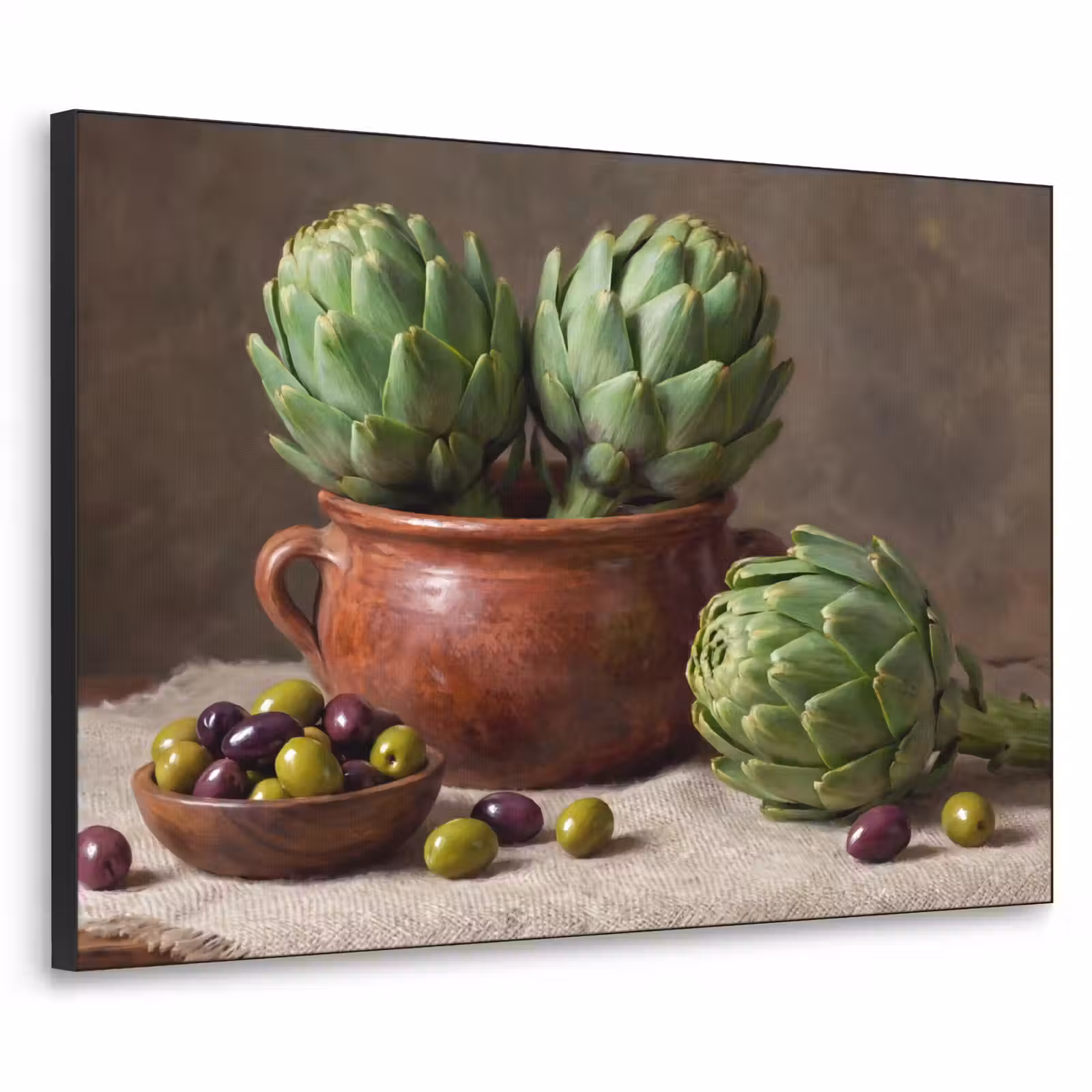 Art Frame - Artischocken – Oliven – Essen - Artisjokken - Olijven - Eten Textielframe zwart klein