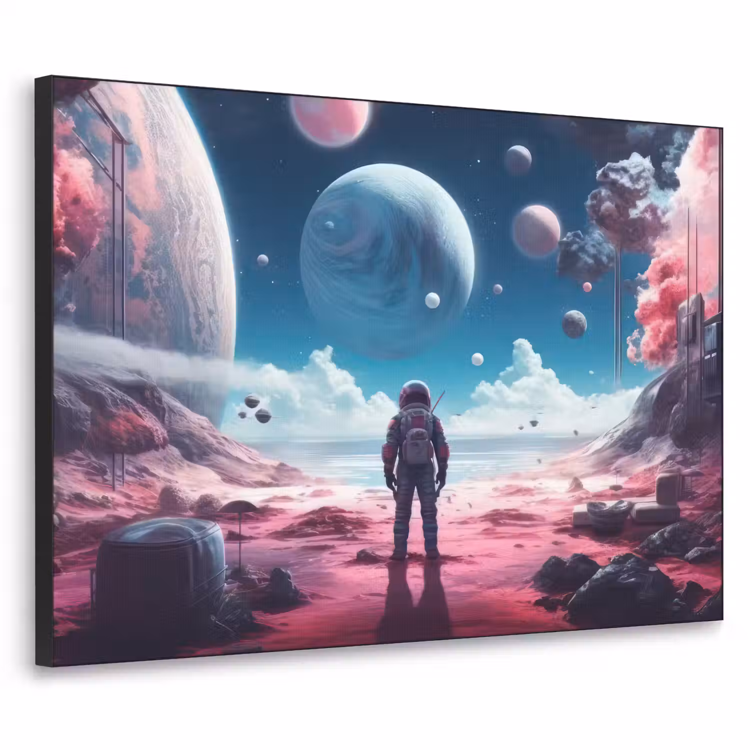 Astronaut - Ruimte - Planeten - Wolken Textielframe zwart klein -3d
