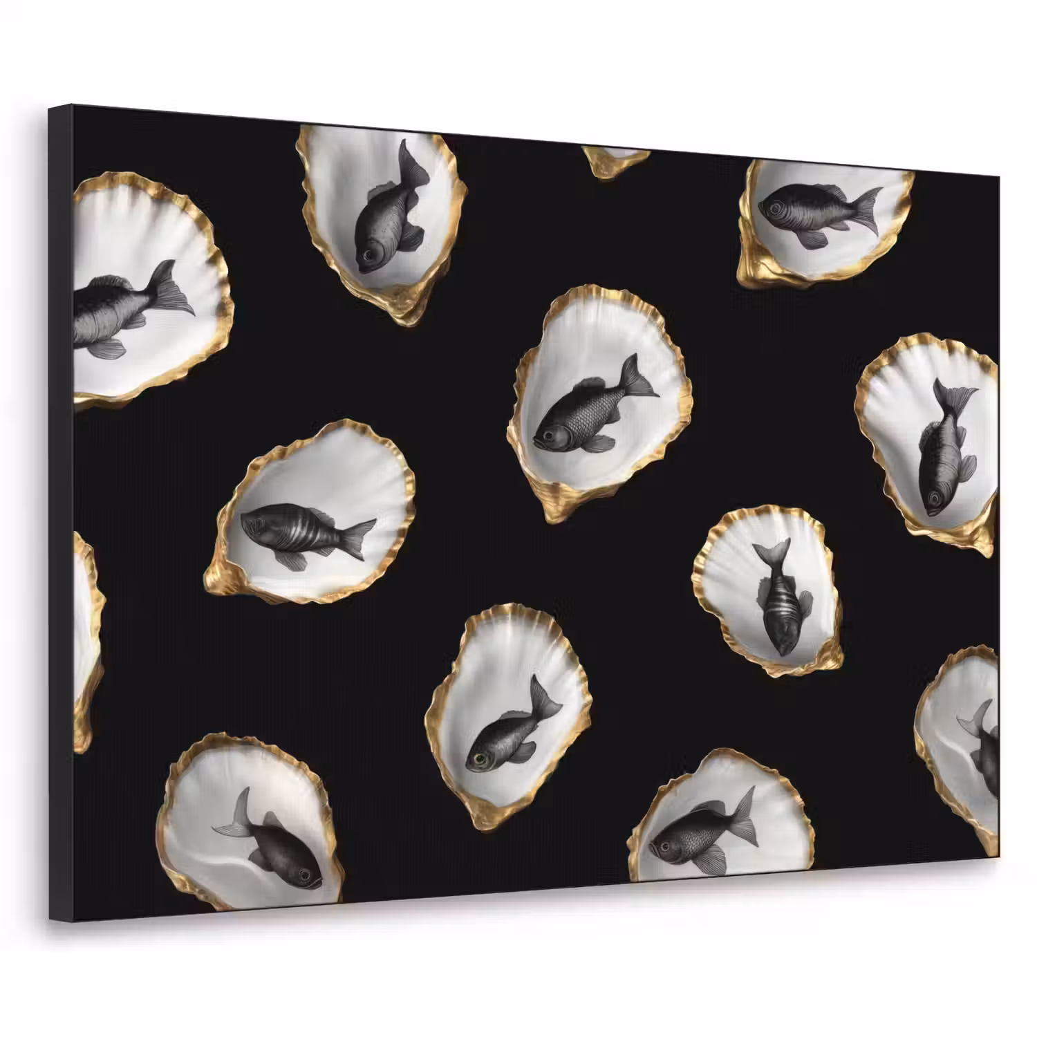 Oesters - Zwart - Vissen - Goud Textielframe - compleet frame klein -3d