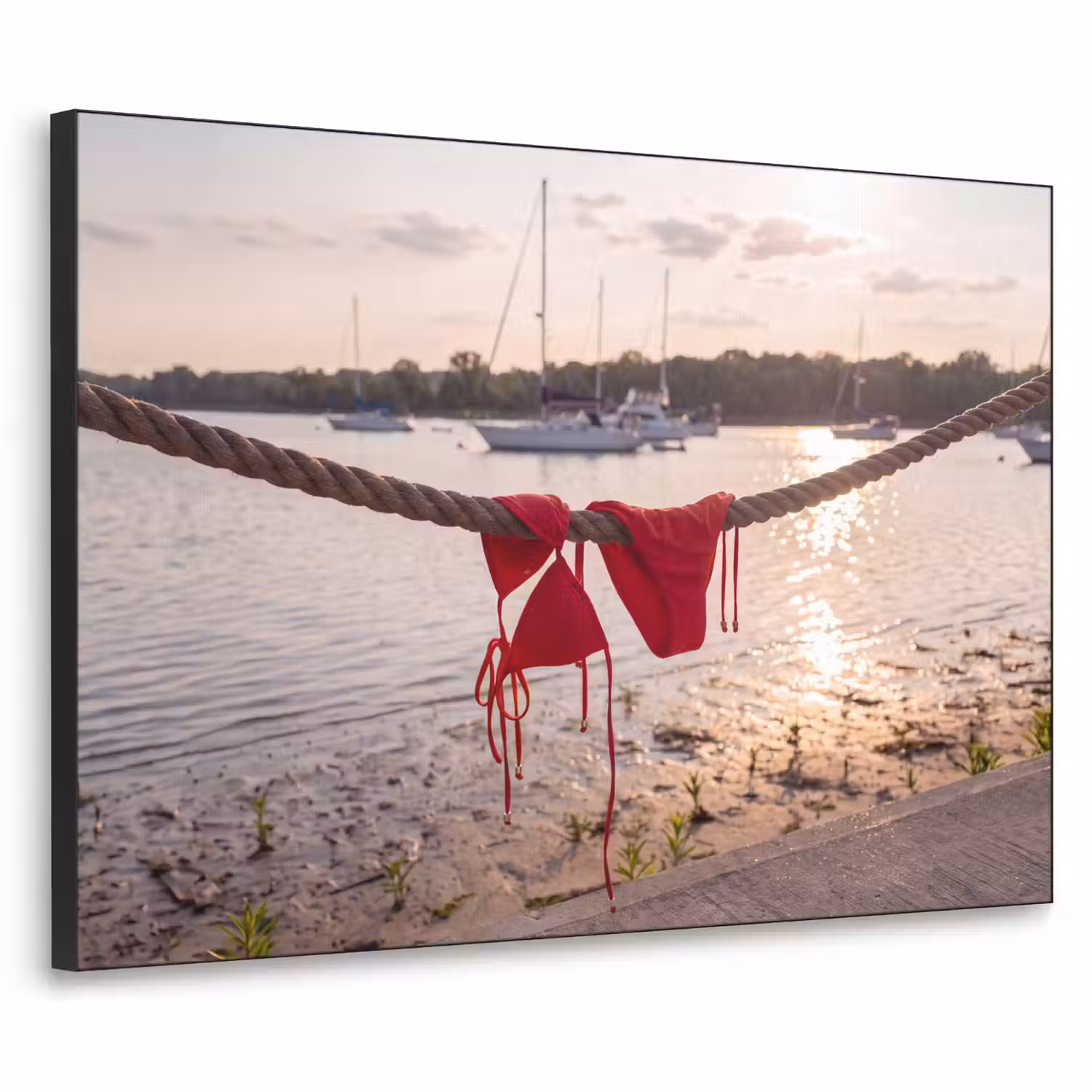Badkleding - Rood - Zomer - Water - Zonsondergang Textielframe zwart klein -3d