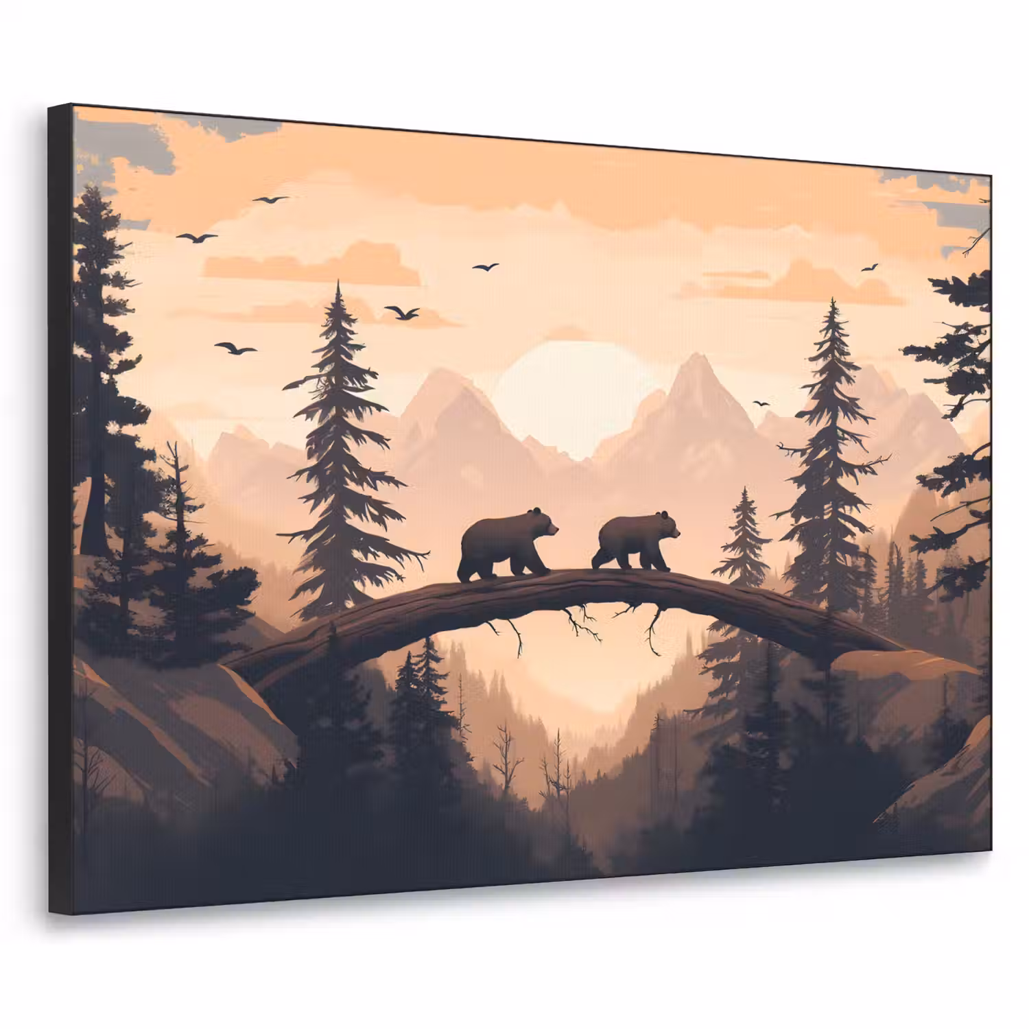 Beren - Bomen - Landschap - Zonsondergang Textielframe - compleet frame klein -3d