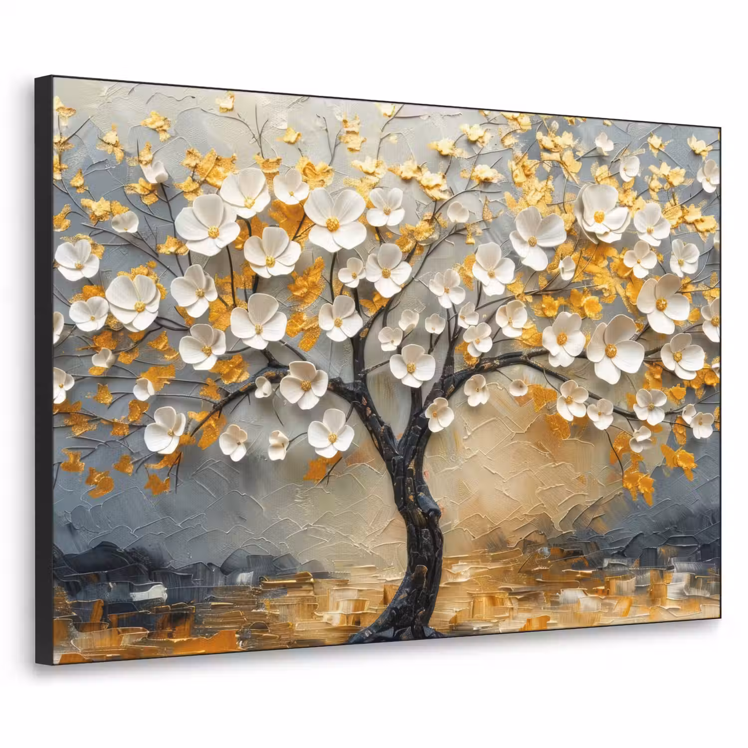 Boom - Bloemen - Goud - Beige Textielframe - compleet frame klein -3d