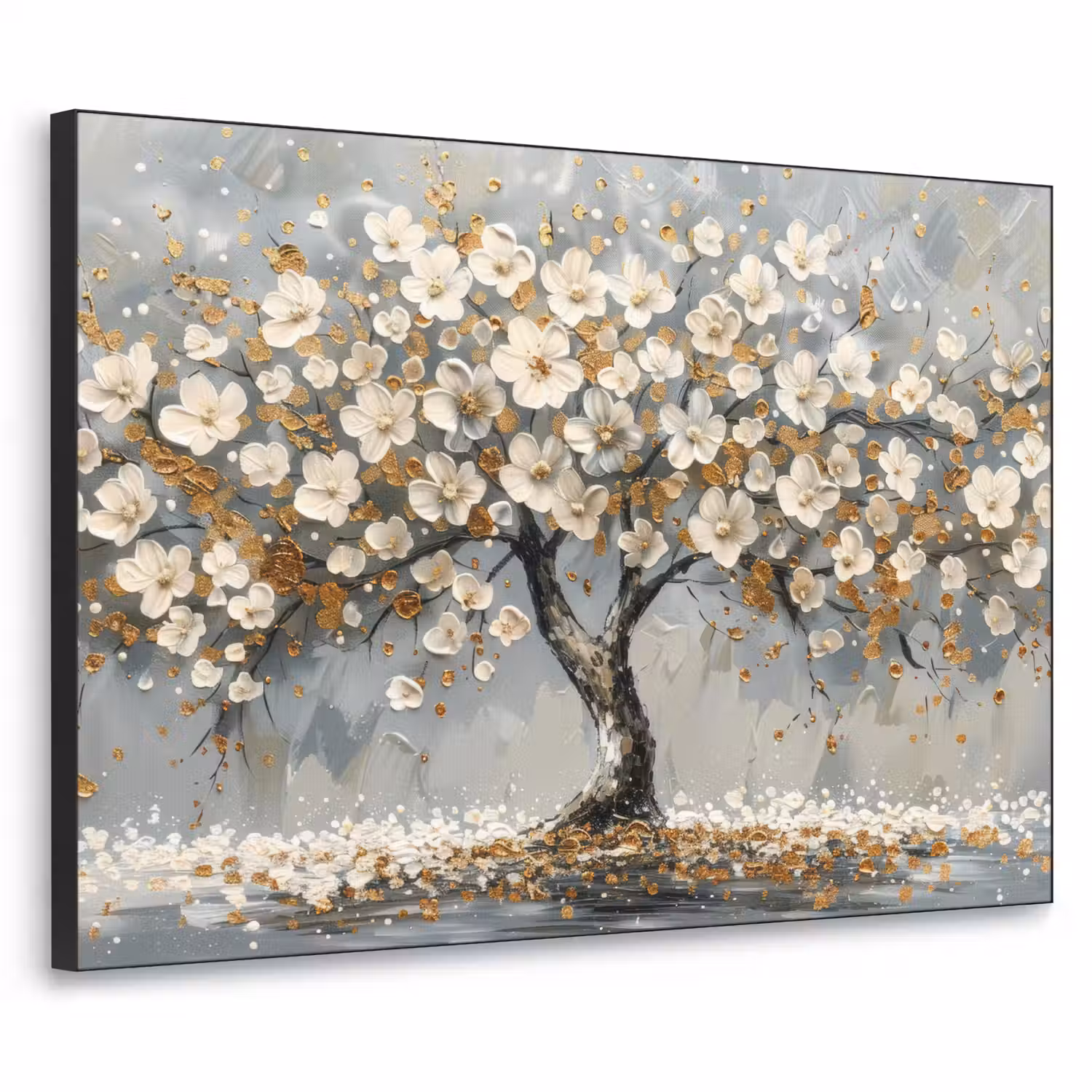 Boom - Goud - Bloemen - Abstract - Kunst Textielframe zwart klein -3d