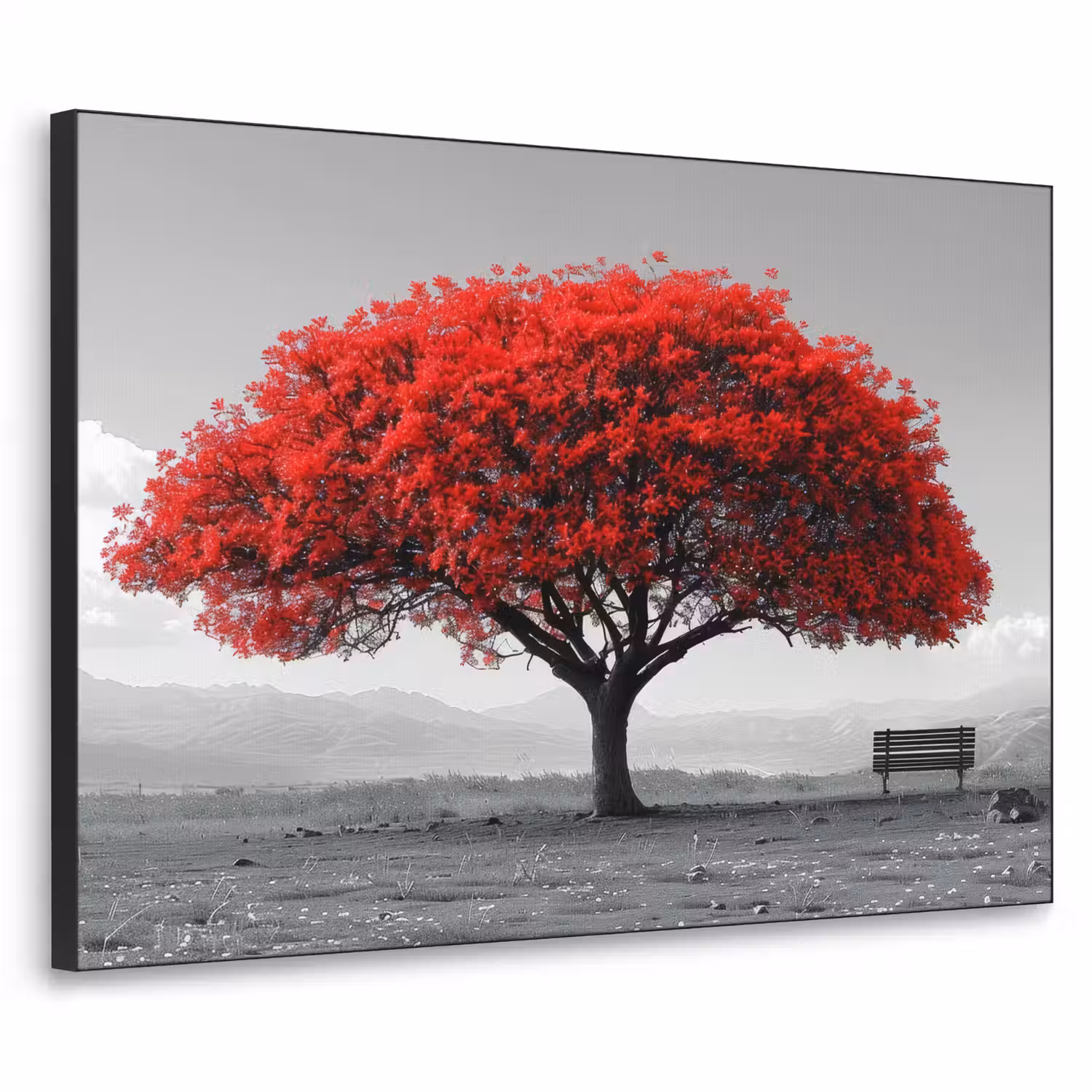 Boom - Rood - Natuur - Zwart wit Textielframe zwart klein -3d