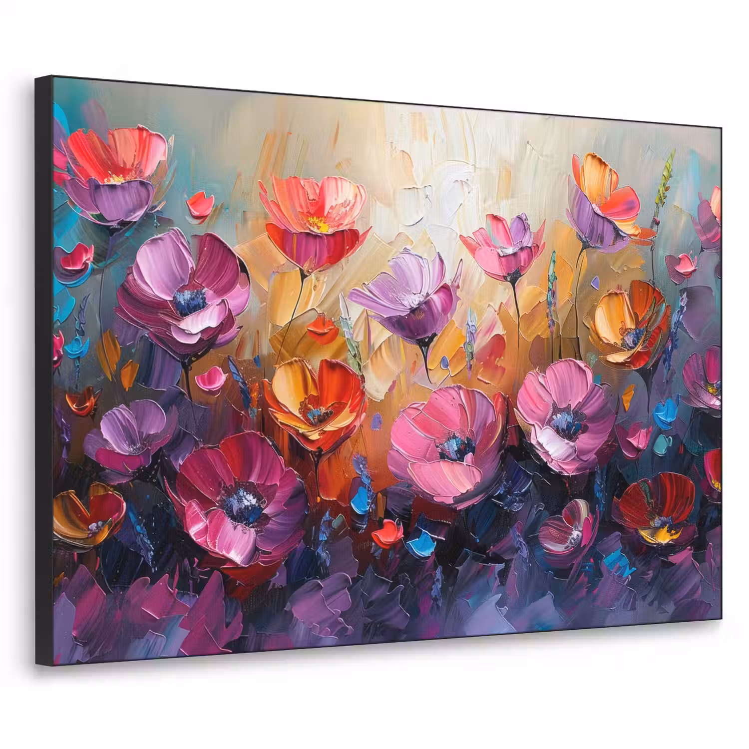Bloemen - Paars - Kleurrijk - Handgeschilderd - Kunst Textielframe zwart klein -3d