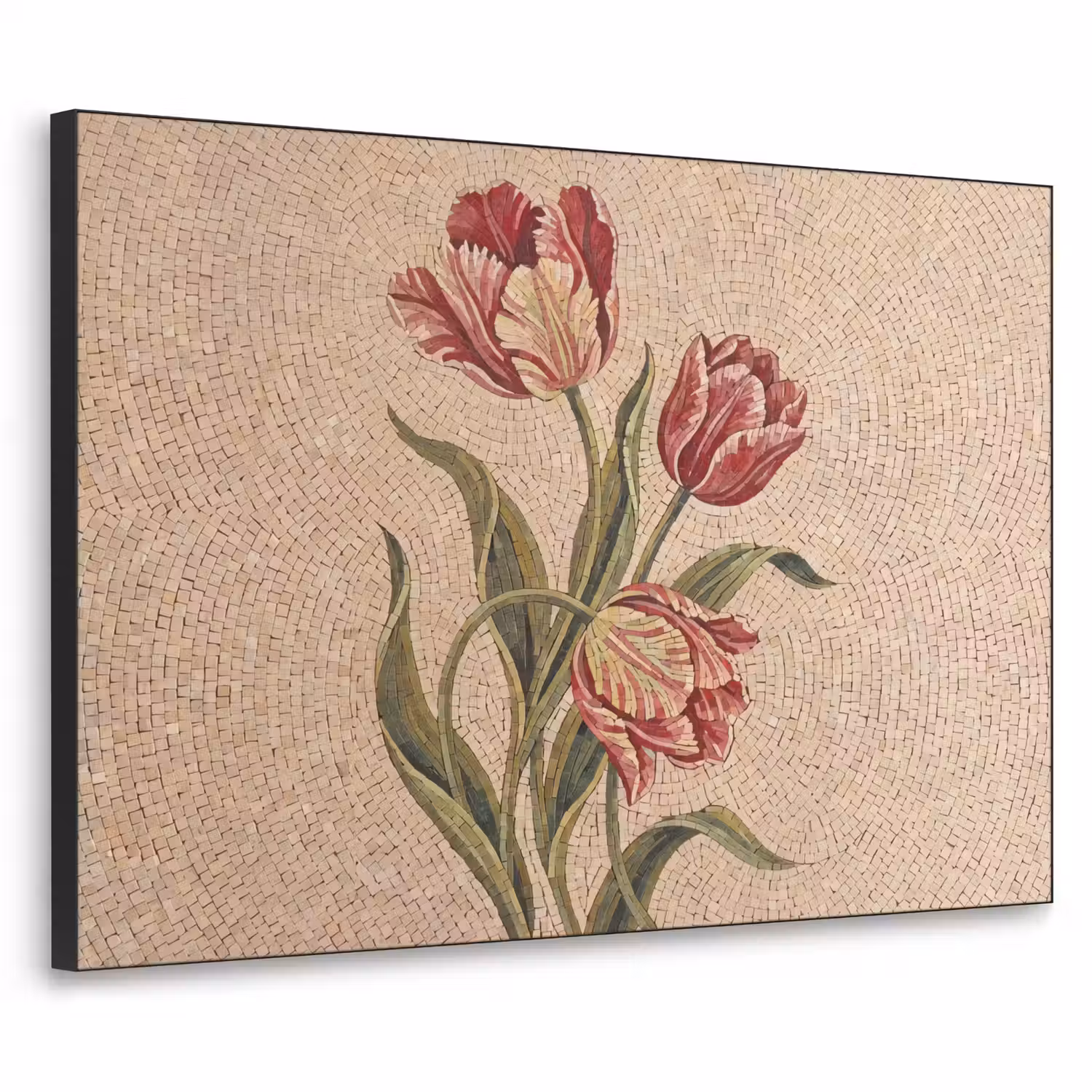 Bloemen - Mozaïek - Rood - Groen - Kunst Textielframe zwart klein -3d