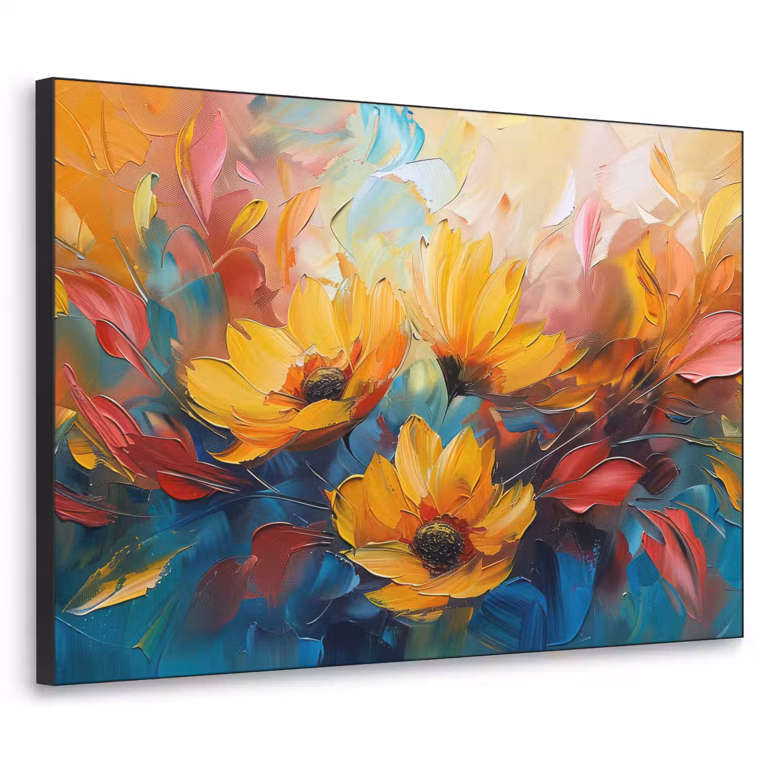 Bloemen - Zonnebloemen - Kunst - Geel Textielframe zwart klein -3d