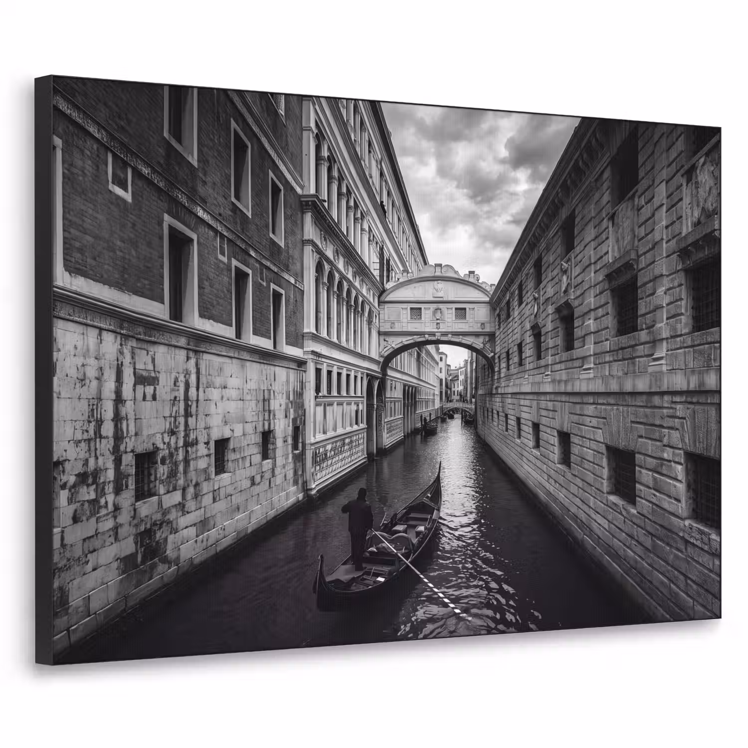 Boot - Waterweg - Stad - Zwart-wit - Architectuur Textielframe zwart klein -3d
