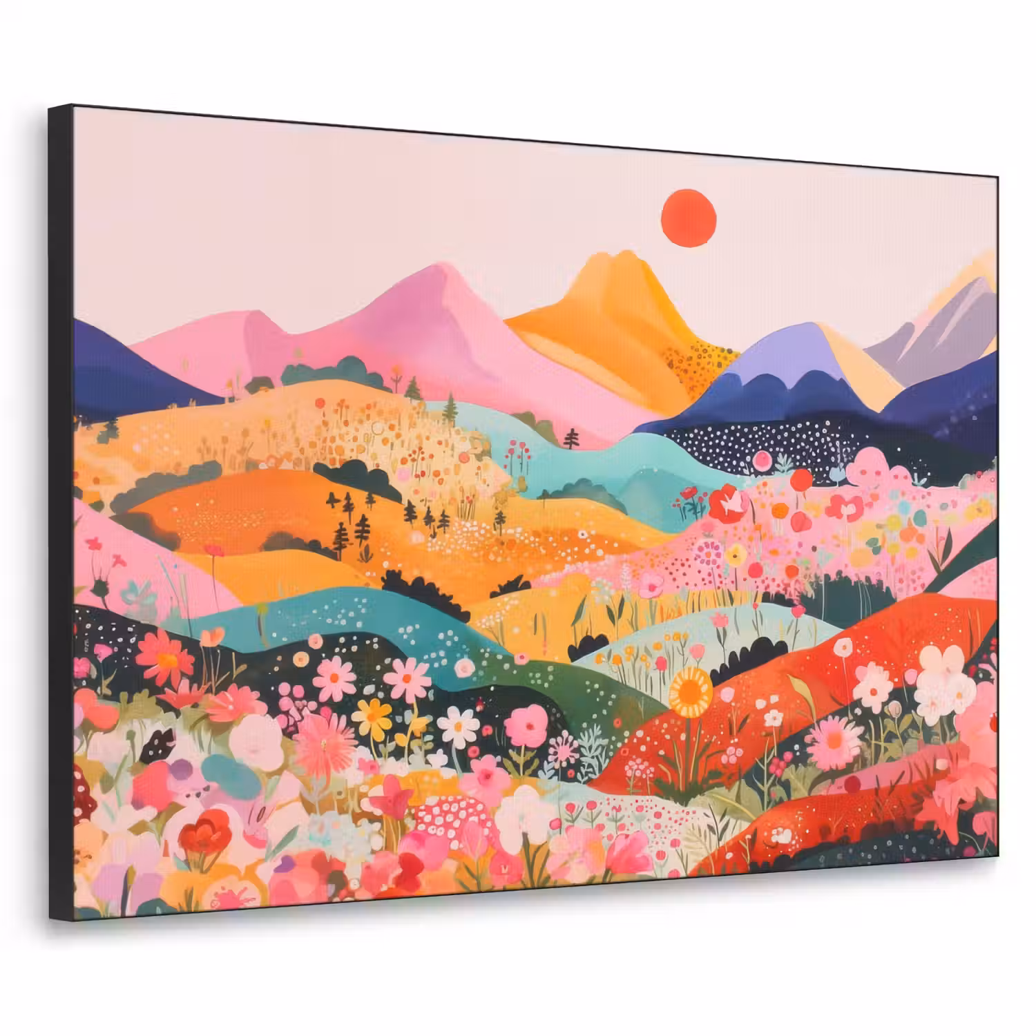 Kleurrijke bloemen - Bergen - Fantasielandschap Textielframe - compleet frame klein -3d